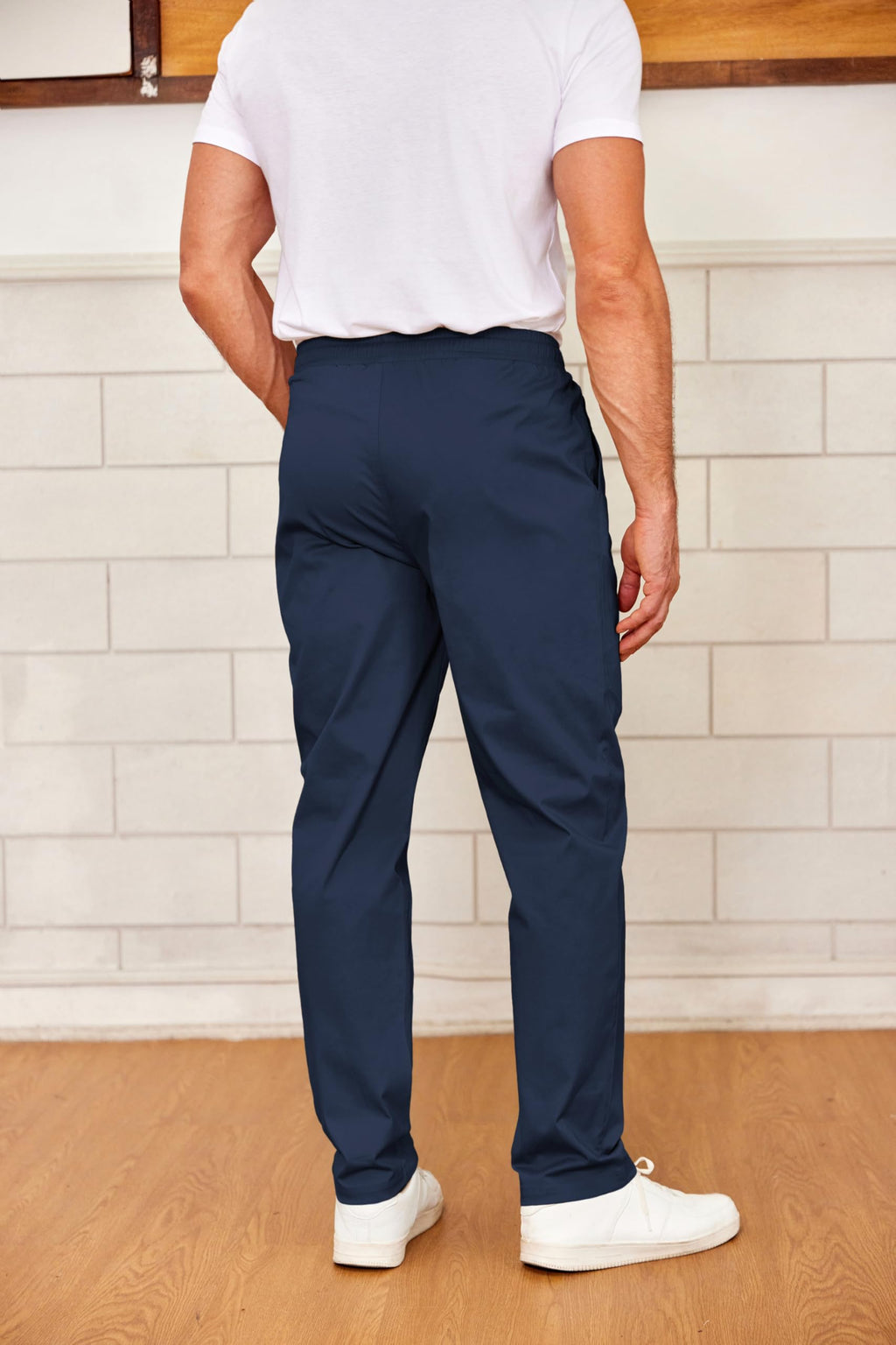 COOFANDY Mens Drawstring Cotton Pants Casual Pull On Leisure Pants Slim Fit Stretch Waist Band Slacks Spring 33x29 32x29 Navy Dark Blue