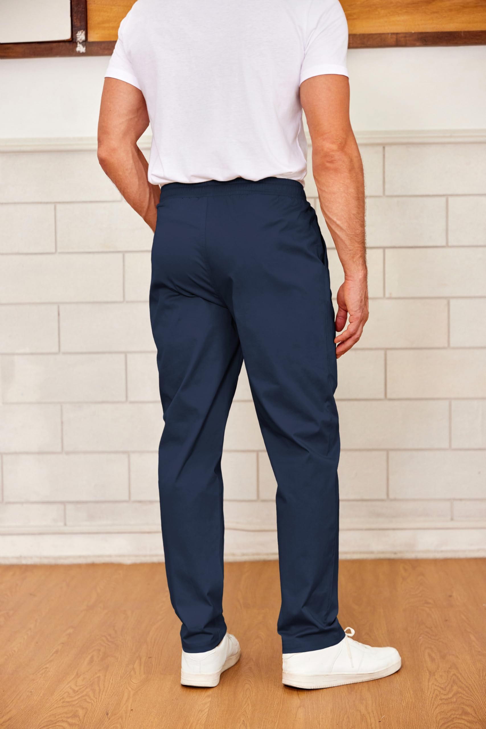 COOFANDY Mens Drawstring Cotton Pants Casual Pull On Leisure Pants Slim Fit Stretch Waist Band Slacks Spring 33x29 32x29 Navy Dark Blue