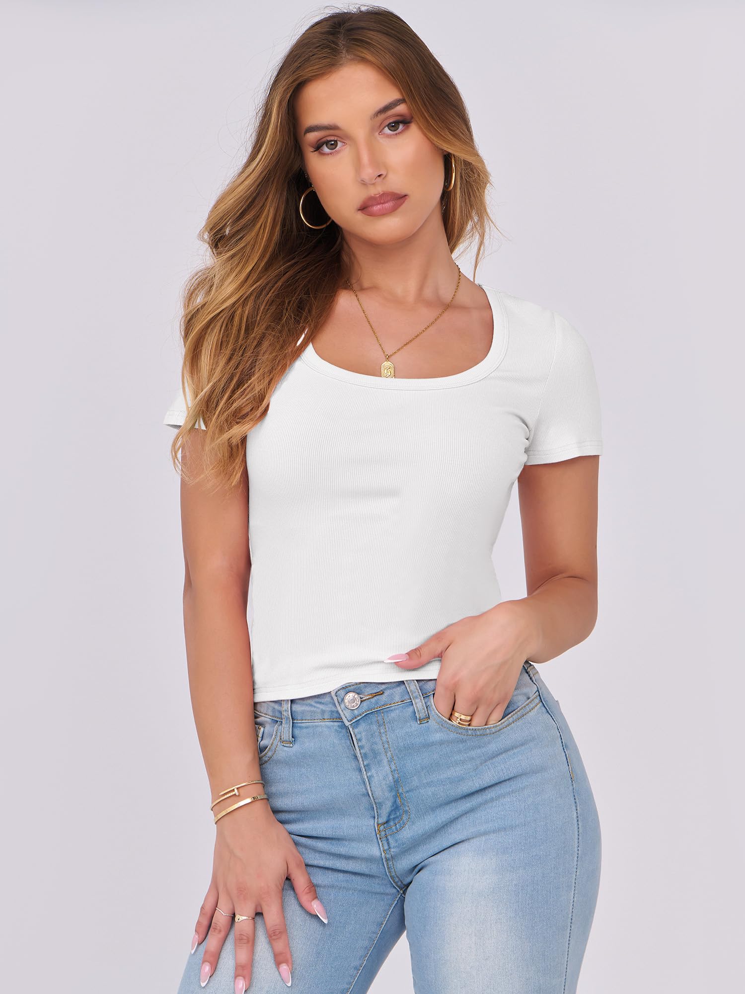 ANRABESS Women Short Sleeve Tops Scoop Neck Ribbed Knit Slim Fitted Basic Tee Shirts Casual Summer Clothes 2025 Fall Outfits White Large