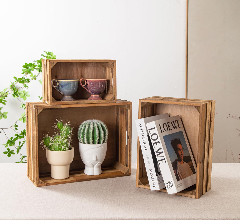 Set of 3 Nesting Wooden Crates, Rustic Wooden Storage Container Boxes with Cutout Handles, Decorative Farmhouse Wood Baskets for Display (Natural)