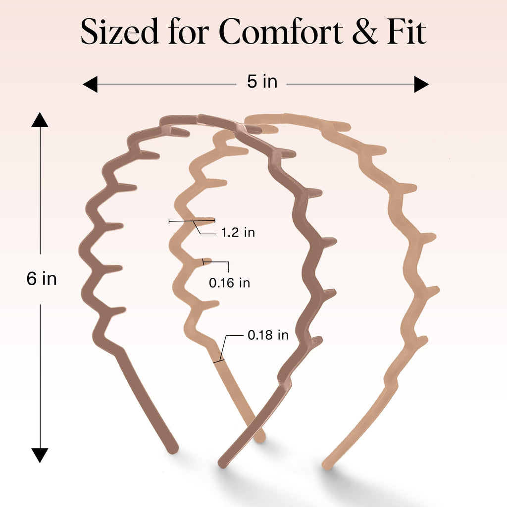 Kitsch Zig Zag Headbands, Recycled Plastic Wavy Hair Band with Teeth, Comb Headbands for Women and Men, Classic 90s Hair Accessories, 2pcs (Neutral)