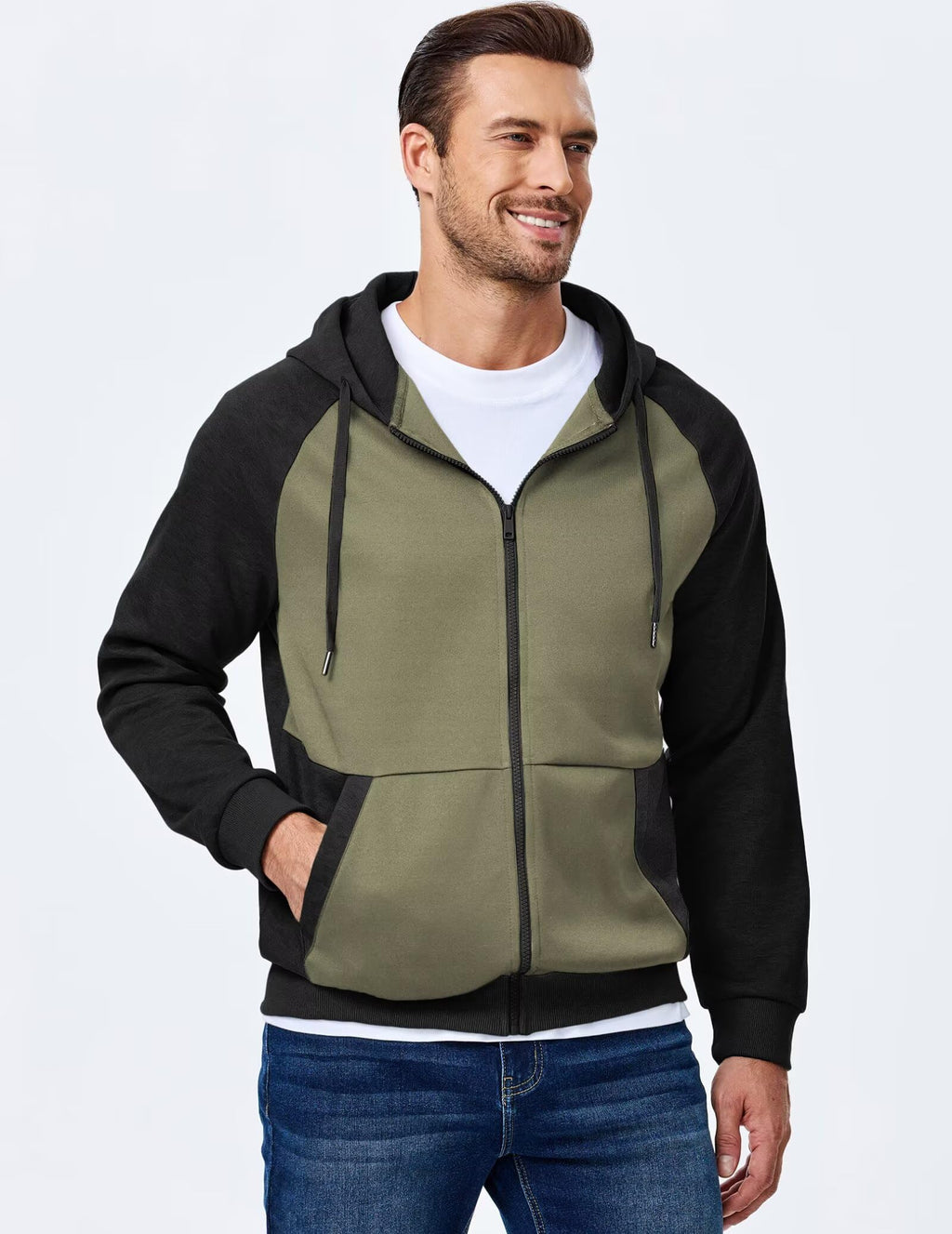 Dokotoo Men Mens Full Zip Hoodie Casual Long Sleeve Drawstring Zipper Hoodies Fall Winter Jackets Coats Color Block Lightweight Comfort Fashion Sweatshirts With Pocket Green X-Large
