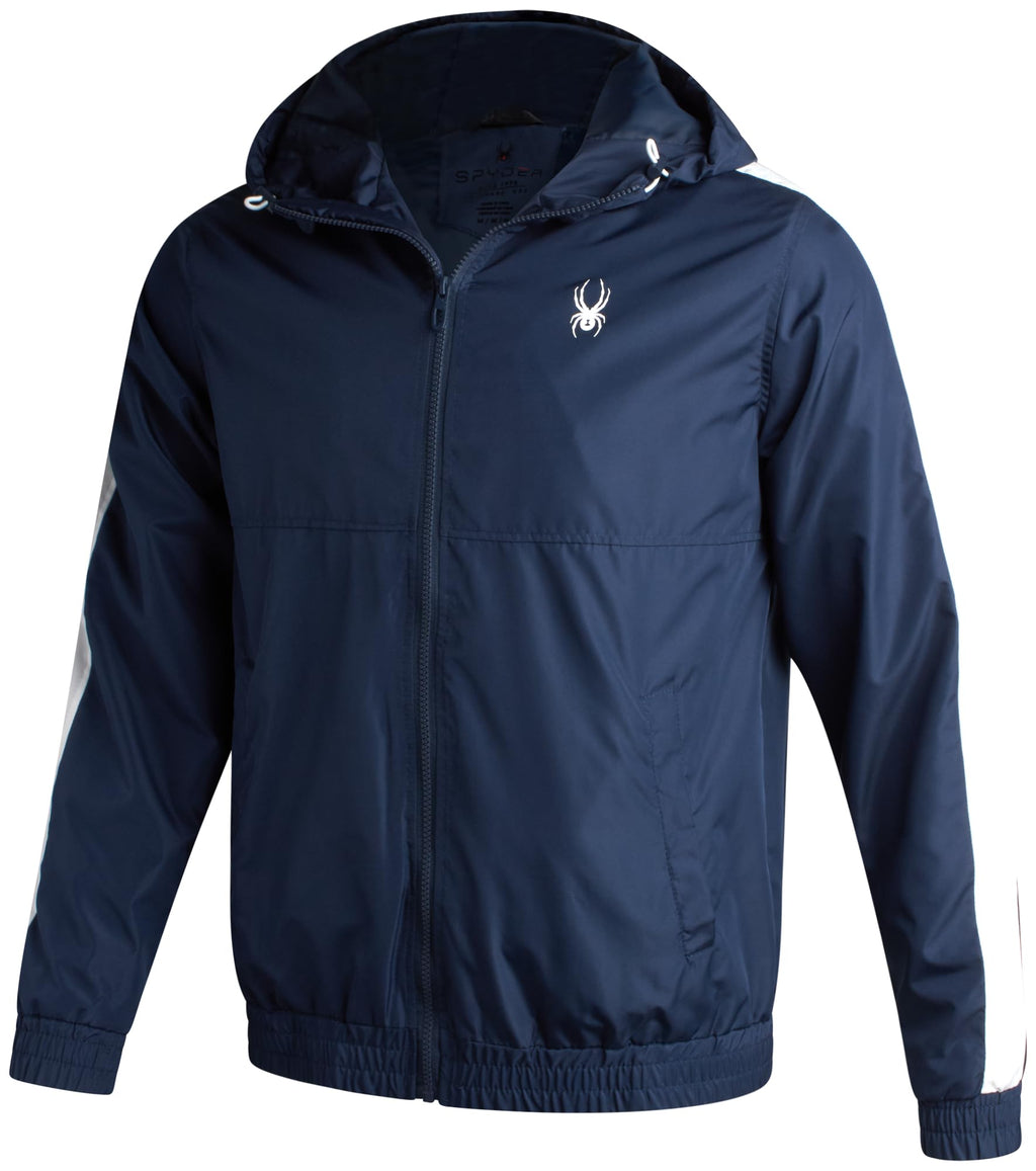 Spyder Mens Windbreaker Jacket - Lightweight Wind & Water-Resistant Hooded Zip Up Jacket for Travel Running Golf & Daily Wear, Size Large, True Navy
