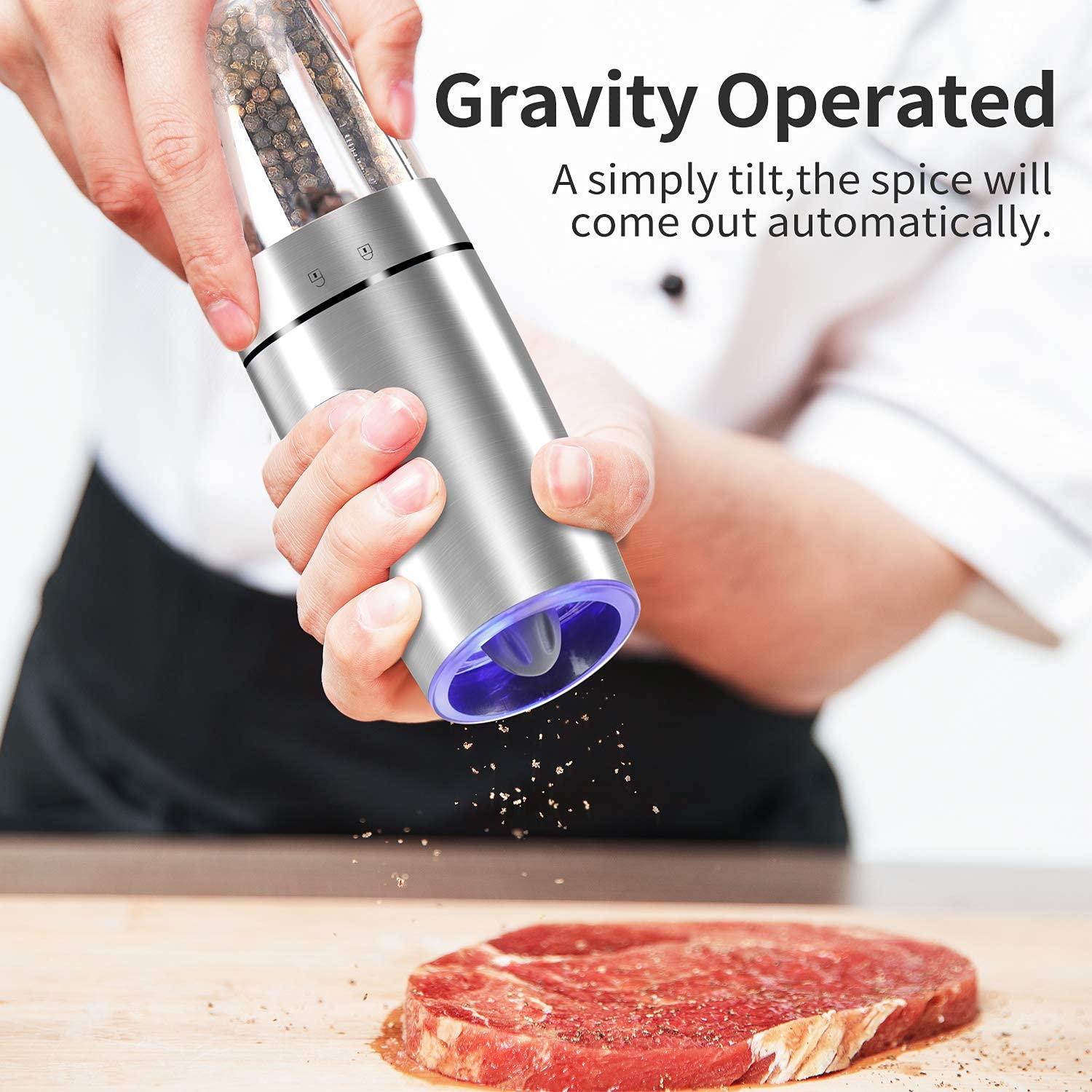 Gravity Electric Pepper and Salt Grinder Set, Adjustable Coarseness, Automatic Shakers Mill Grinder with LED Light, Battery Powered, Upgraded Larger Capacity, One Hand Operated (Sliver 2 Pack)