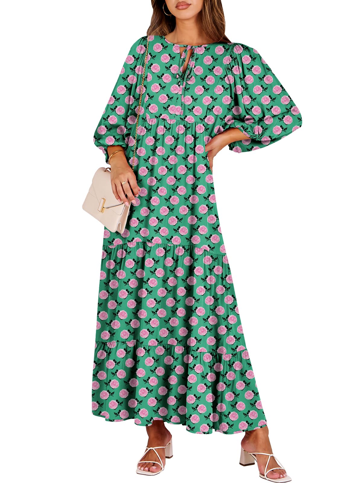 ANRABESS Womens Boho Maxi Dresses 2025 Summer V Neck Puff Sleeve Floral Flowy Swing Fall Casual Long Dress Green Small