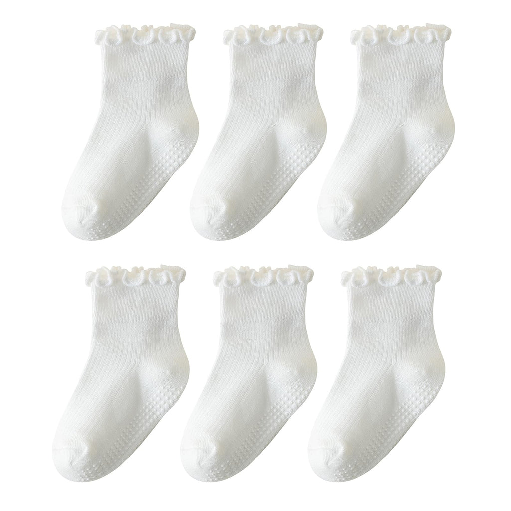 ANYANIME 6 Pairs Toddler Ruffle Socks for Girls - Baby Grip Non Slip Cute Grippy Frilly