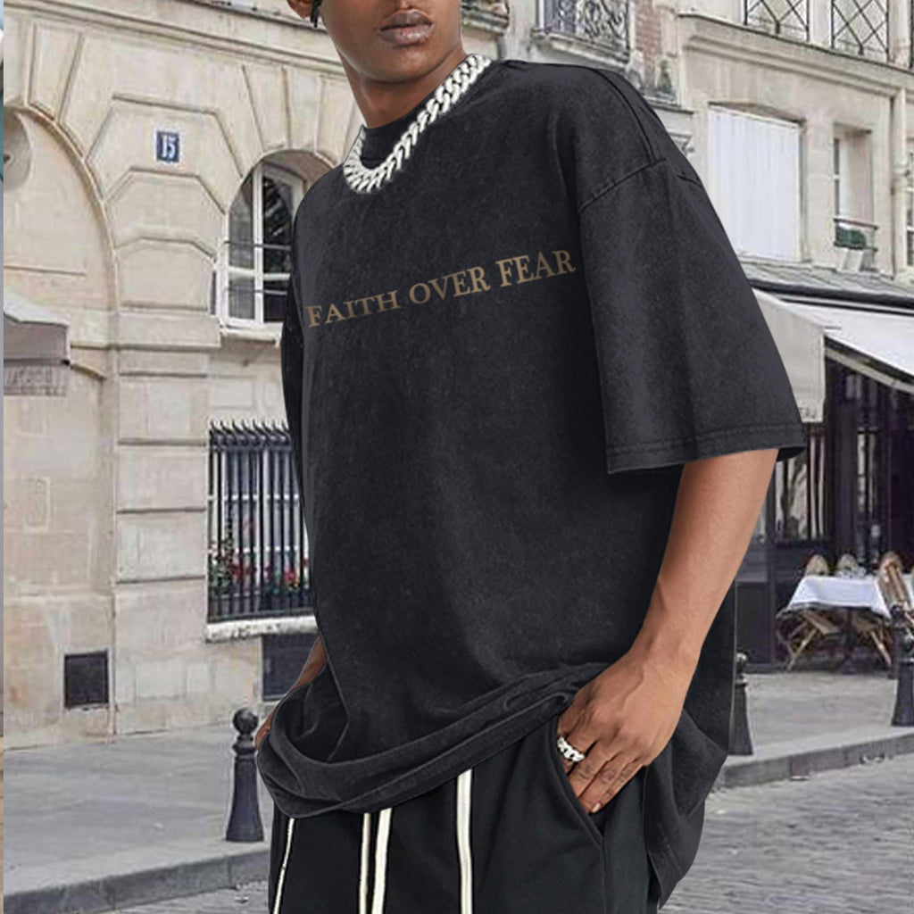 Weetiotio Christian Faith Over Fear Shirt for Men Jesus Religious Shirts Oversized Graphic Tees Acid Wash God T-Shirt(Black,M)