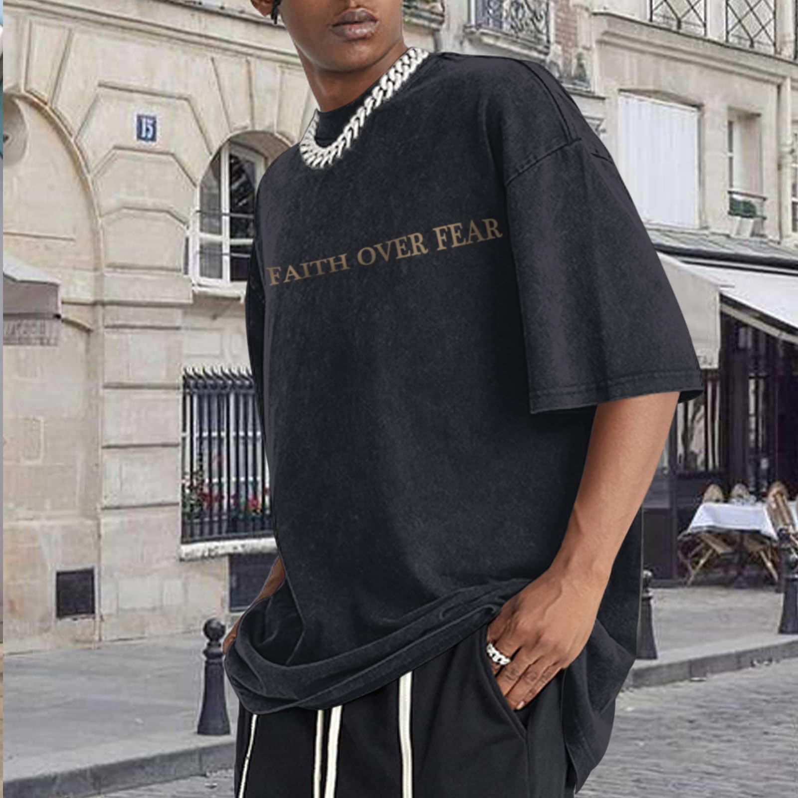 Weetiotio Christian Faith Over Fear Shirt for Men Jesus Religious Shirts Oversized Graphic Tees Acid Wash God T-Shirt(Black,M)