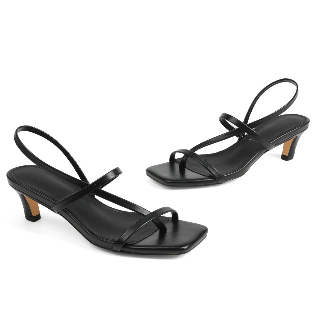 Phefarer Strappy Kitten Heels Heels for Women Open Toe Low Square Toe Thong Sandals Summer Black