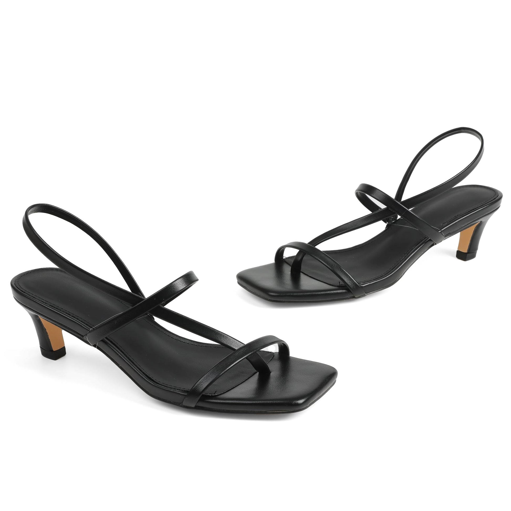 Phefarer Strappy Kitten Heels Heels for Women Open Toe Low Square Toe Thong Sandals Summer Black