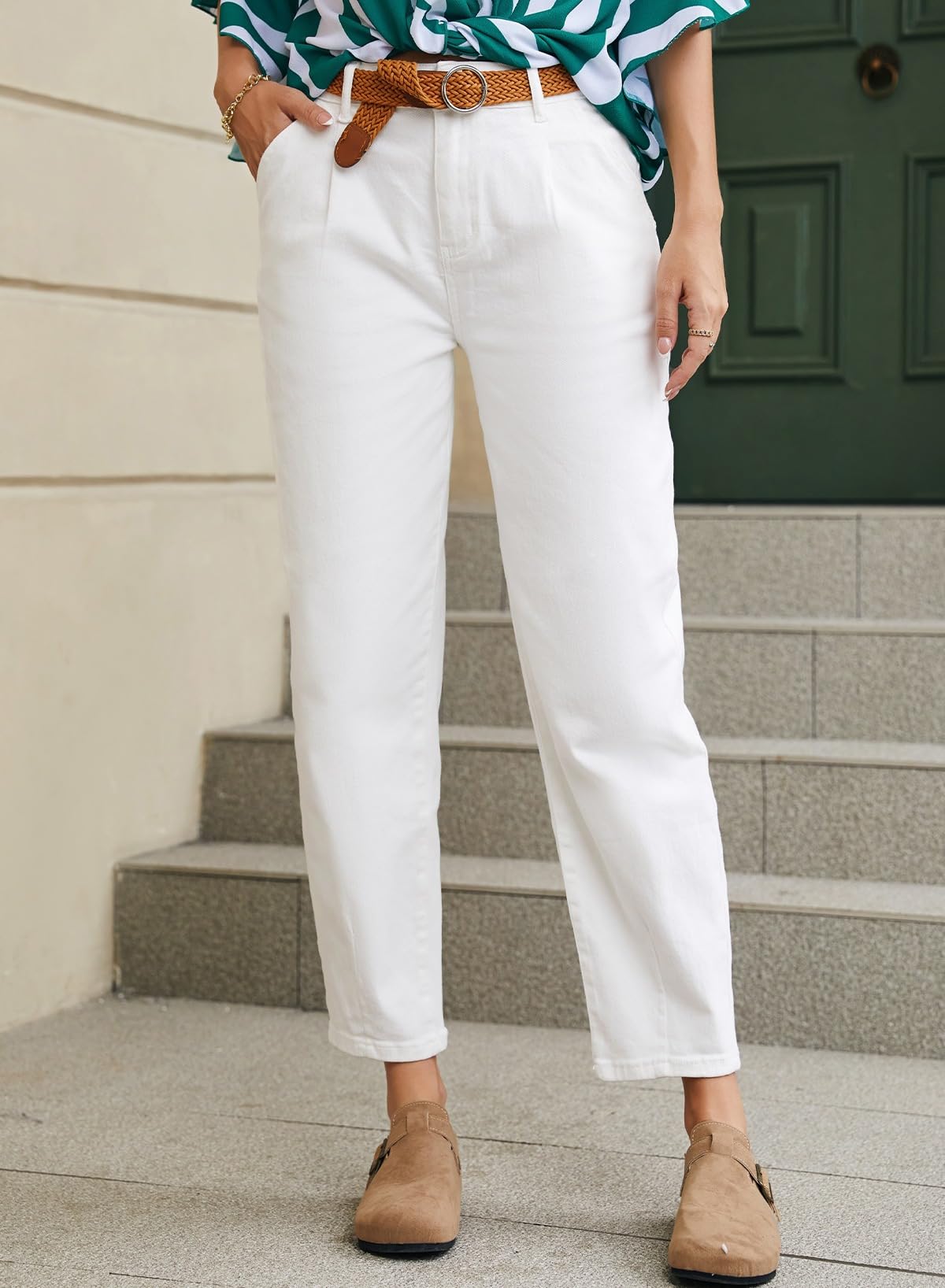 Astylish Women White Jeans High Waist Casual Loose Boyfriend Cropped Mom Denim Pants White Size 6