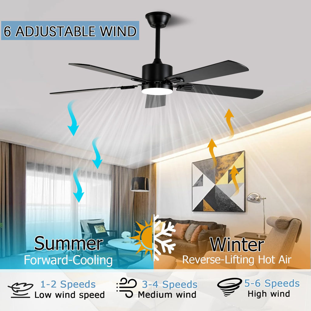 FUMLTP 52 inch Modern Ceiling Fans with Lights APP/Remote Control, Low Profile Reversible 6 Speeds Ceiling Fan Light for Indoor/Outdoor Patio Bedroom Living Room,Black