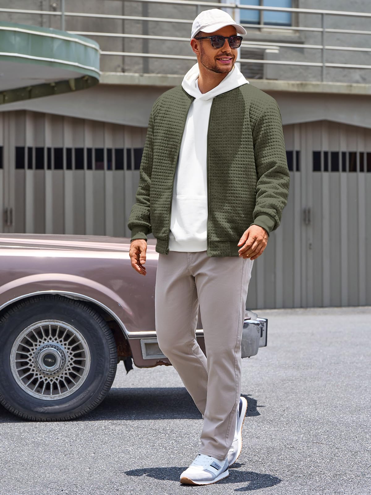 Runcati Mens Bomber Jacket Casual Lightweight Varsity Jackets Waffle Full Zip Coat