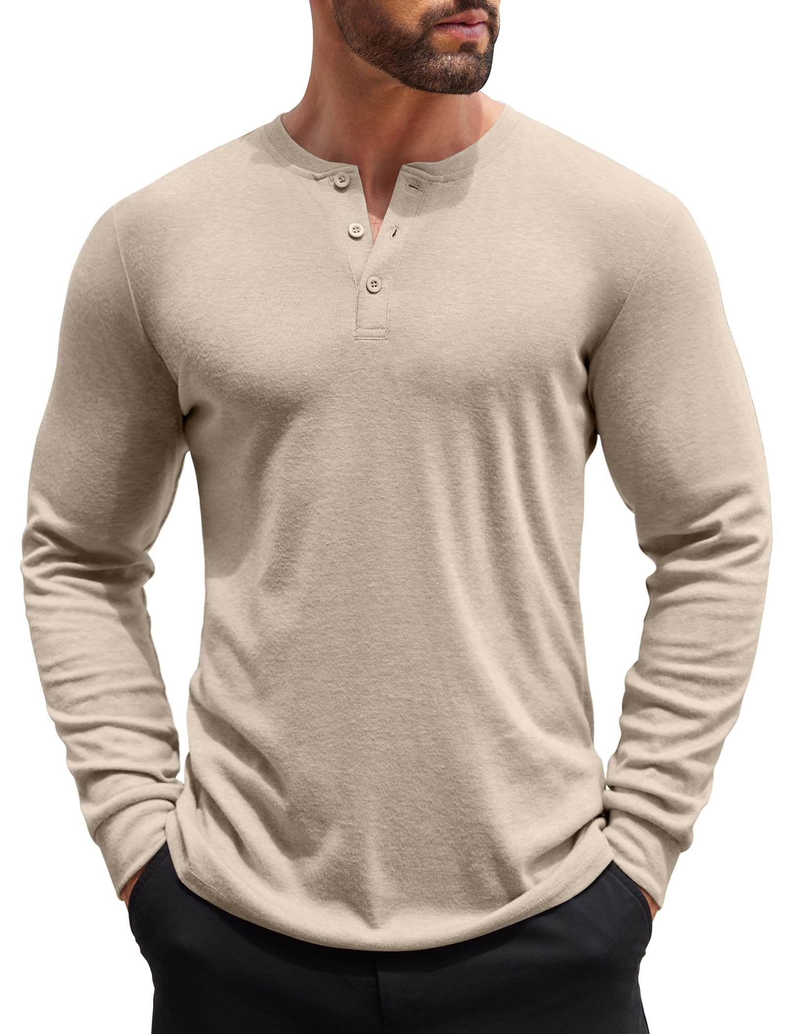 COOFANDY Men's Henley Shirts Long Sleeve Basic Pullover Shirt Lightweight Casual Button T-Shirts Heather Khaki