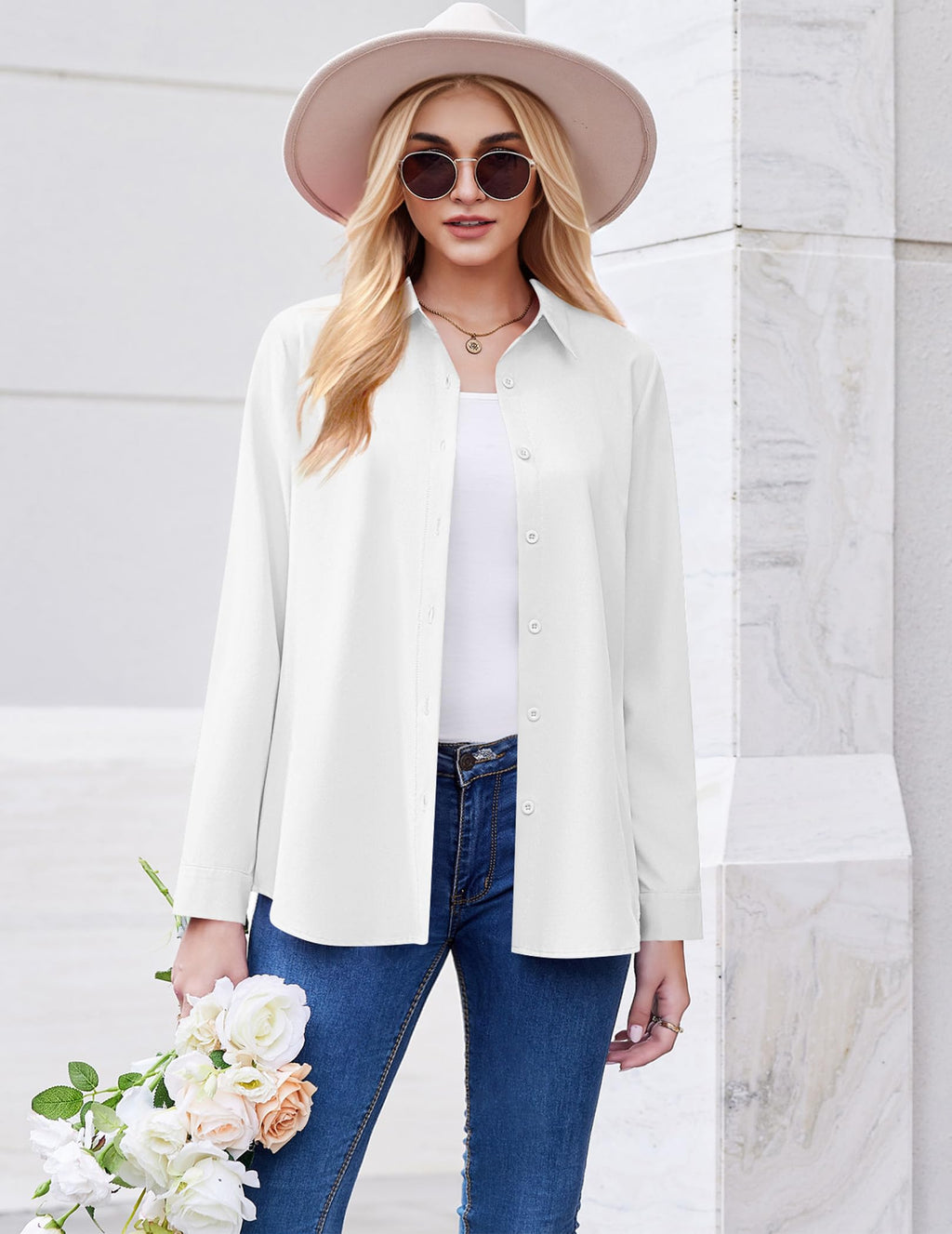 Zeagoo White Blouse for Women Long Sleeve Dress Shirts Collared Tops Casual Work Business Fall Outfits for Women 2025 L