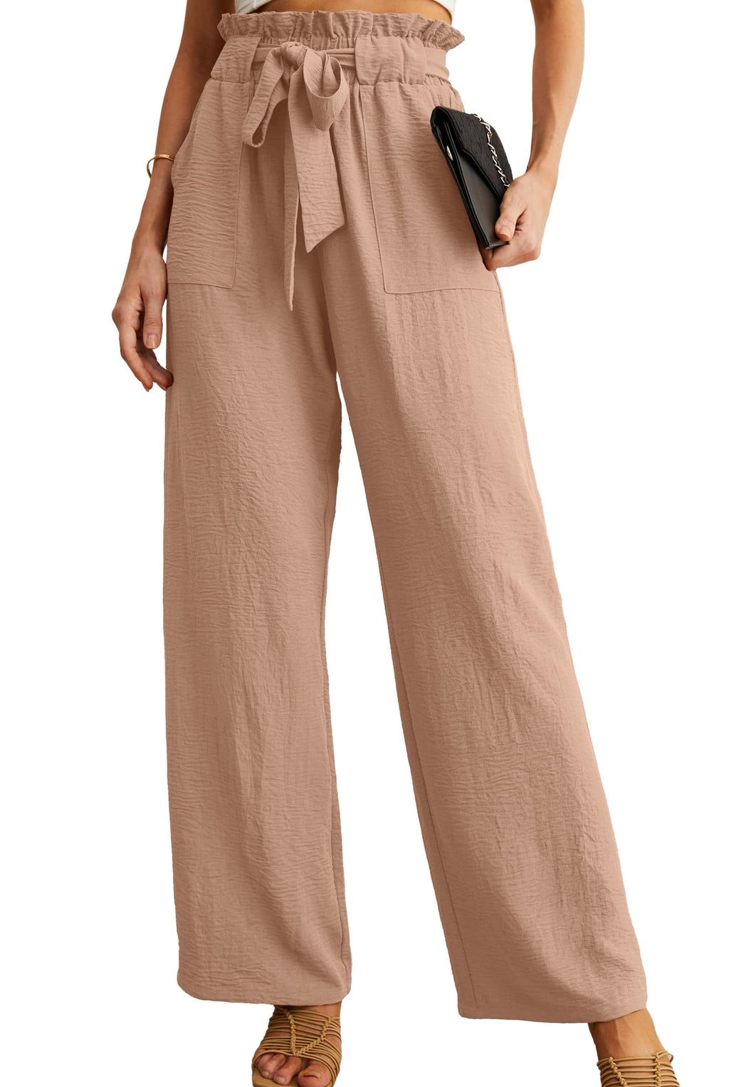 IWOLLENCE Women's Wide Leg Pants with Pockets High Waist Adjustable Knot Loose Casual Trousers Business Work Casual Pants Khaki Medium