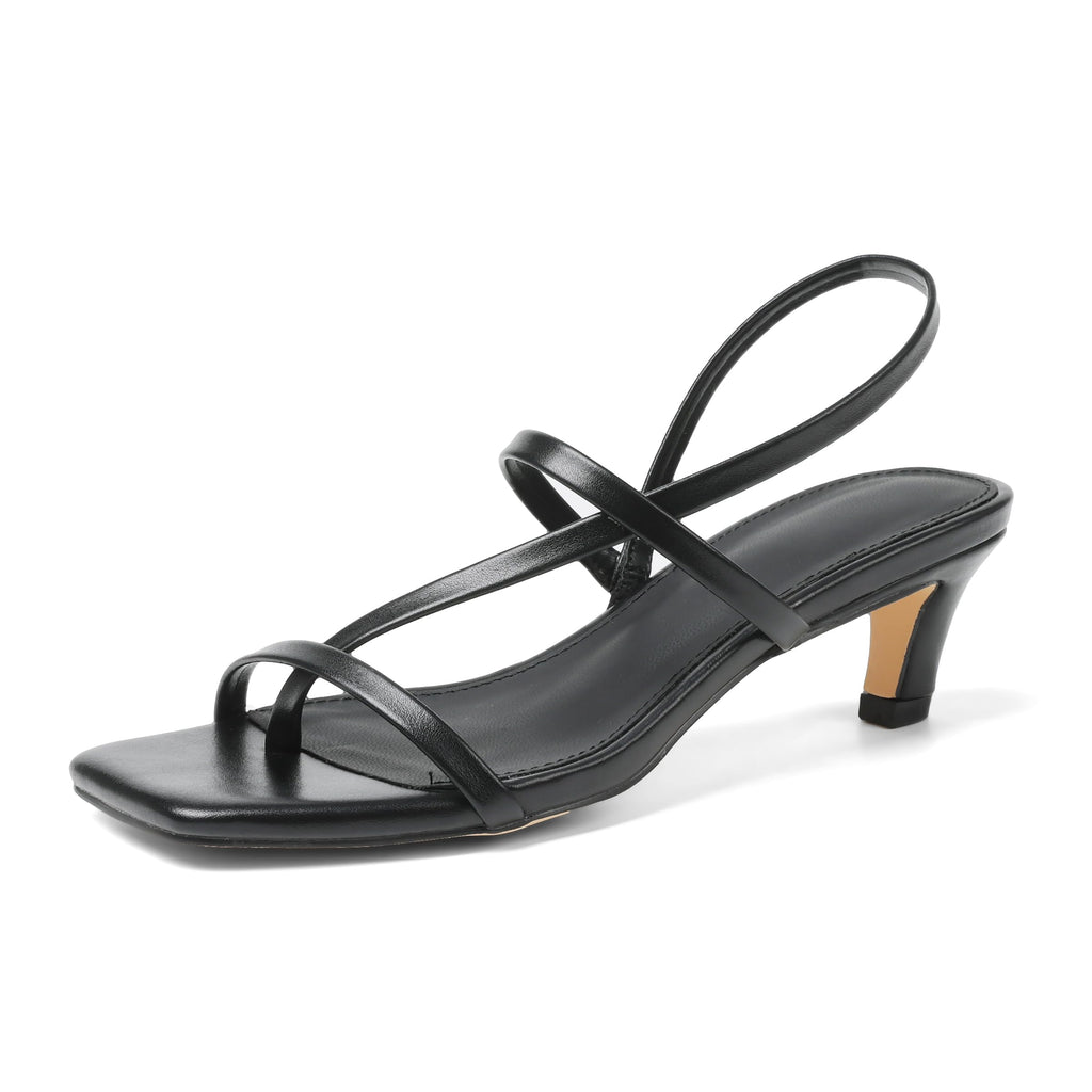 Phefarer Strappy Kitten Heels Heels for Women Open Toe Low Square Toe Thong Sandals Summer Black