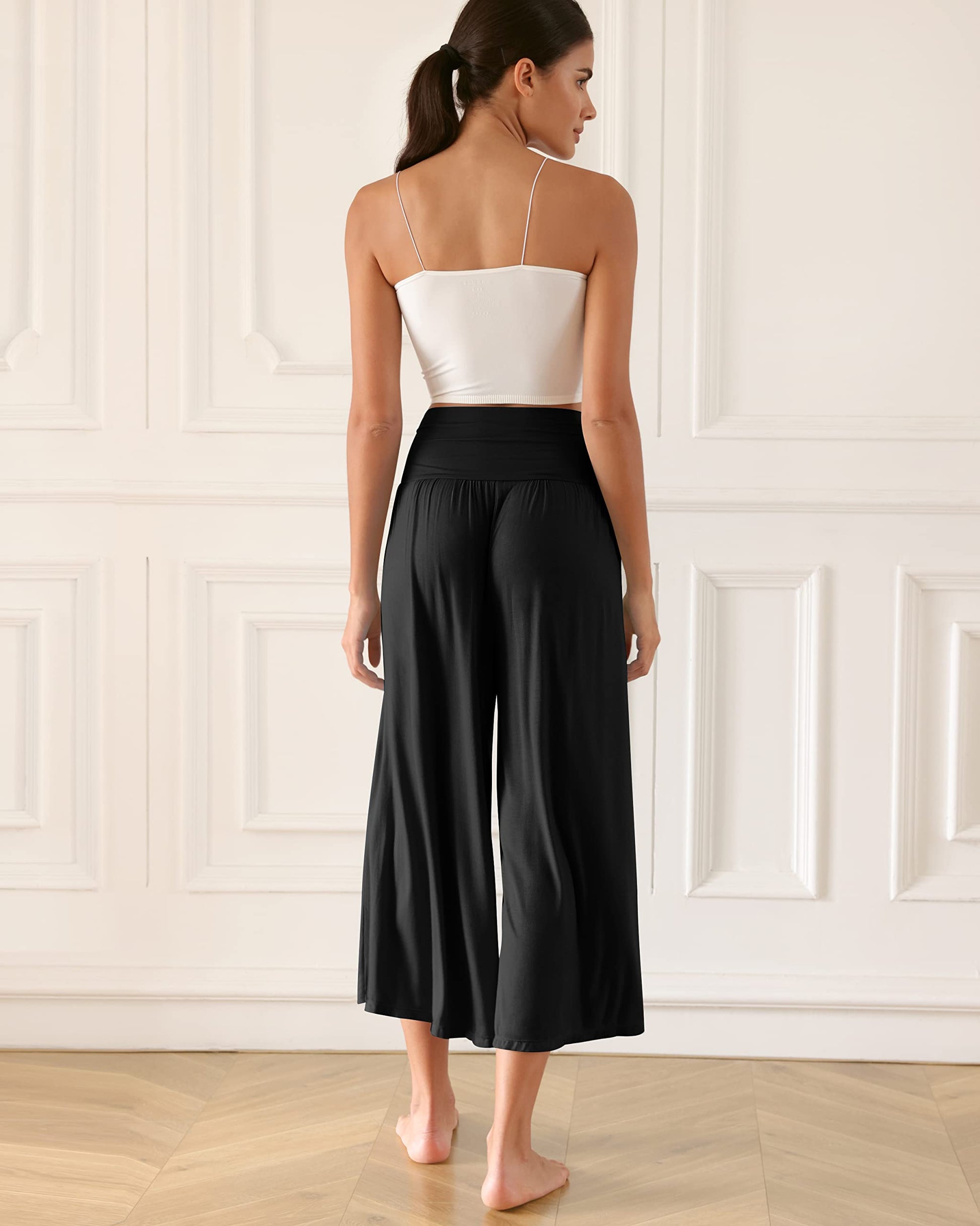 ODODOS Women's Wide Leg Palazzo Lounge Cropped Pants with Pockets Light Weight Comfy Casual Pajama Capri Pants-22 inseam, Black, XX-Large