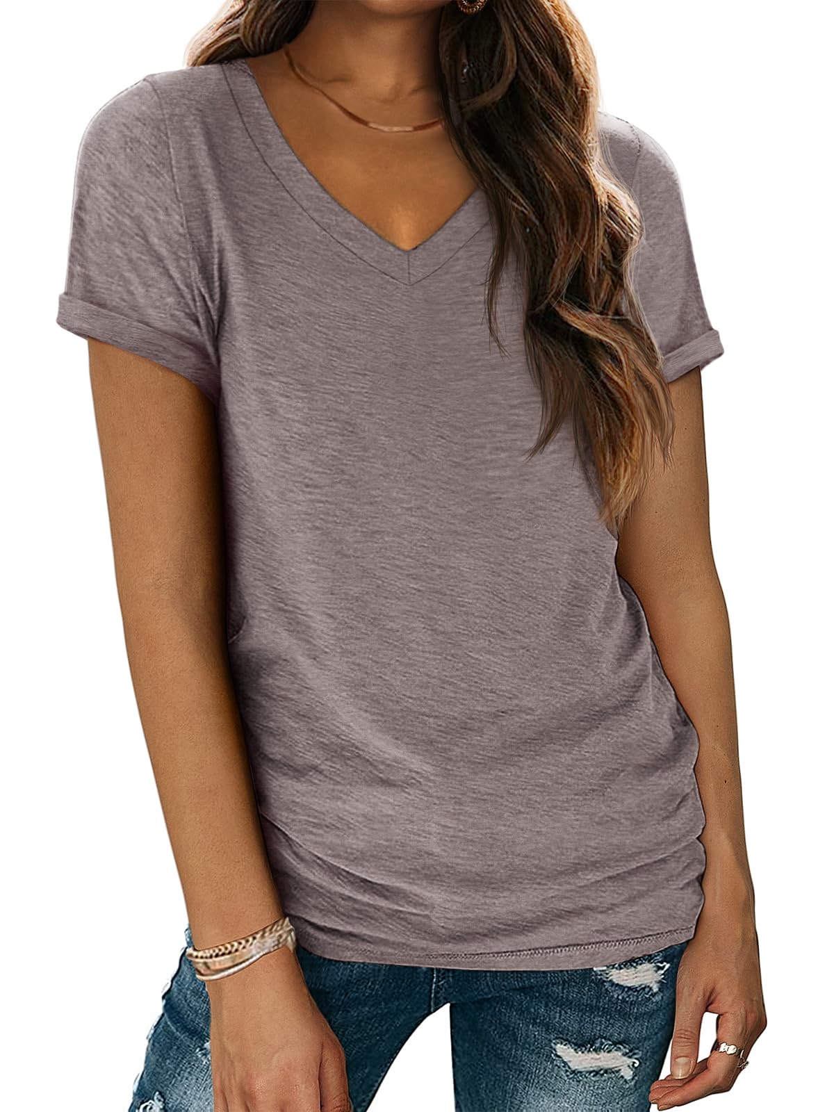 ATHMILE Womens T Shirts for Women Short Sleeve V Neck Basic Tees Tunic Tops Loose Fit Casual Summer Outfits Clothes Beach