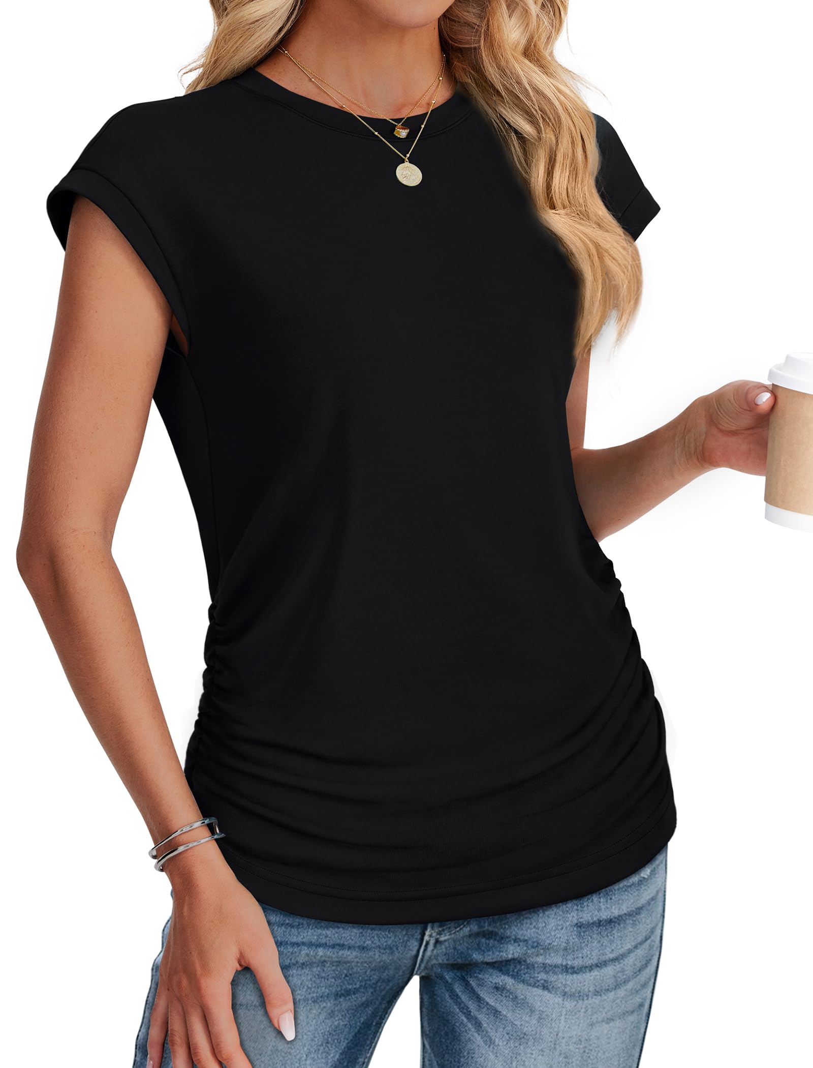 Womens Summer Tops Short Sleeve Shirts for Women Crew Neck T Shirts Trendy Clothes 2025 Resort Wear Spring Outfits Black M