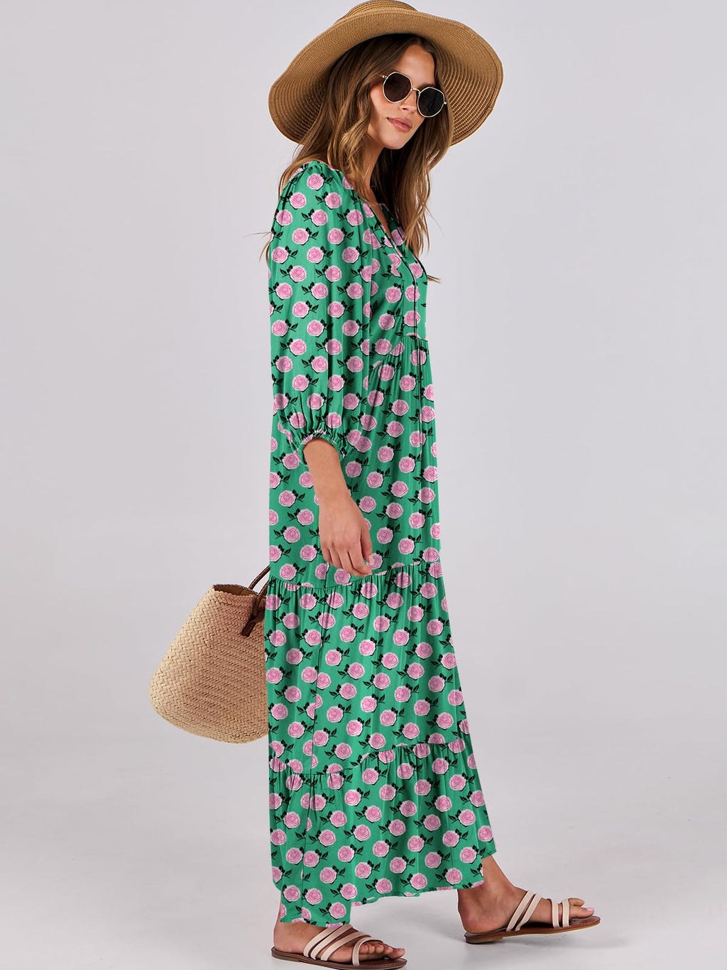 ANRABESS Womens Boho Maxi Dresses 2025 Summer V Neck Puff Sleeve Floral Flowy Swing Fall Casual Long Dress Green Small