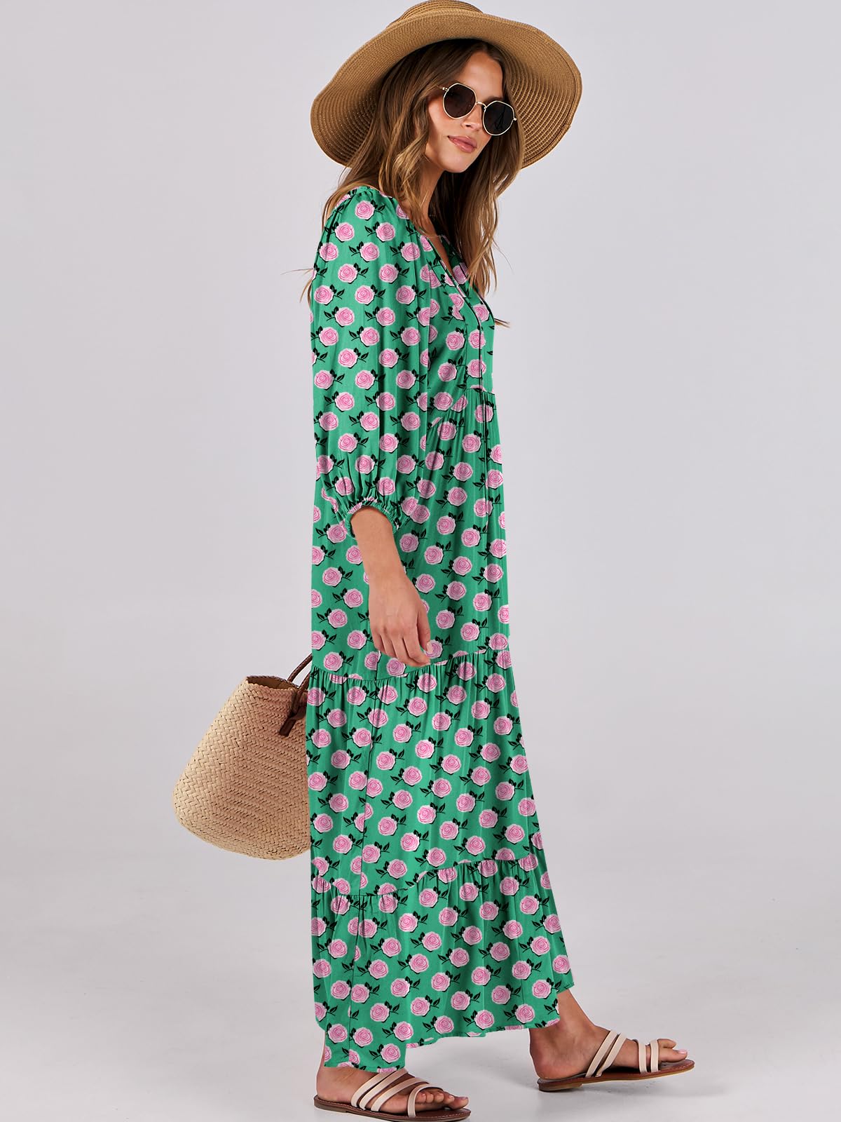 ANRABESS Womens Boho Maxi Dresses 2025 Summer V Neck Puff Sleeve Floral Flowy Swing Fall Casual Long Dress Green Small