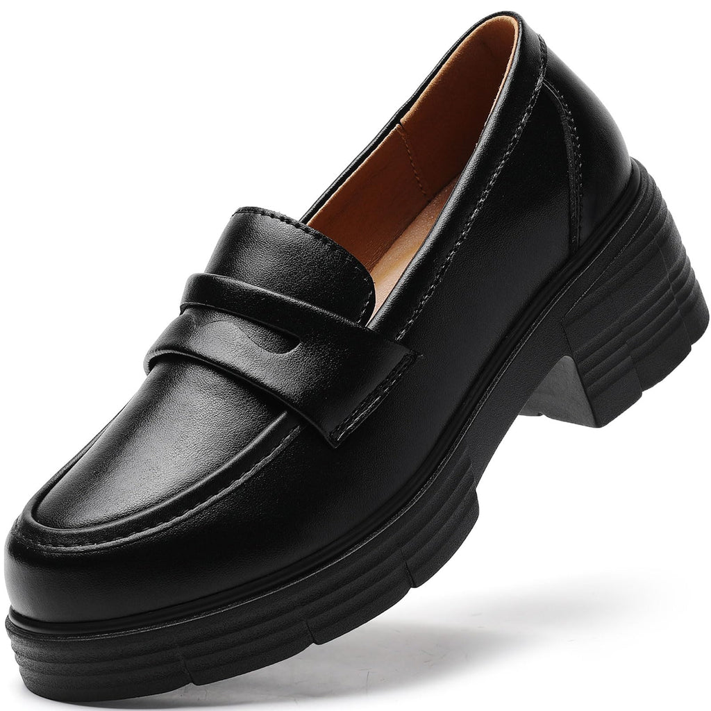 TKKAE Loafers for Women Women's Penny Platform Chunky Loafers Slip-Ons Comfortable Business Casual Dress Office Work Shoes for Ladies,Black Leather,6