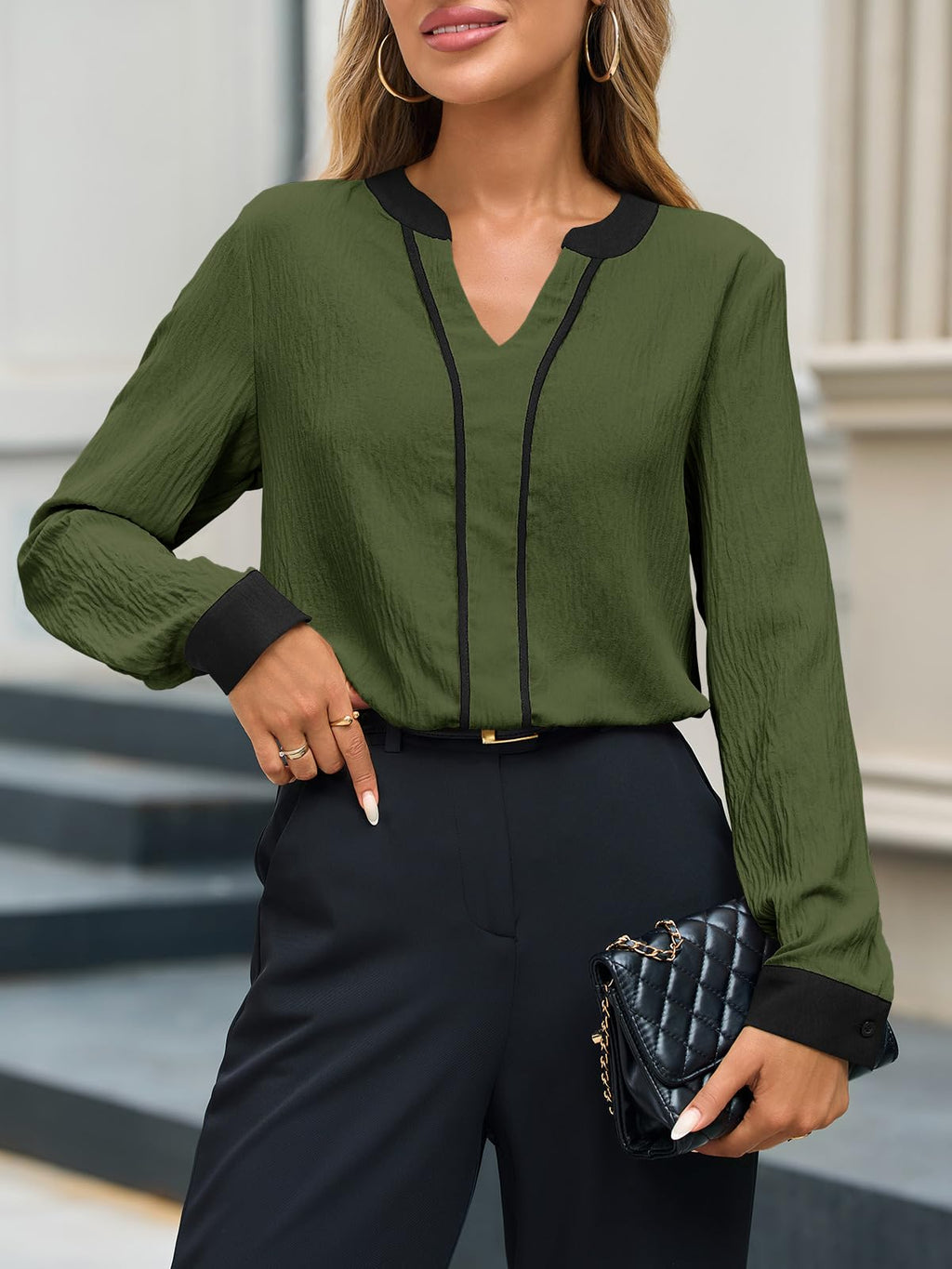 Tankaneo Womens Business Casual Tops 2025 V Neck Blouses Long Sleeve Fall Loose Work Shirts Army Green