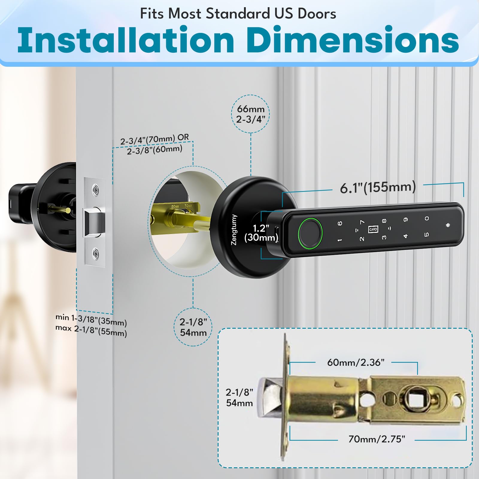 Zengtumy Fingerprint Door Lock, Door Locks for Bedrooms, Biometric Door Lock with Fingerprint/Password/Key/IC Card-Smart Door Lock for Home, Hotel, Office, Apartment