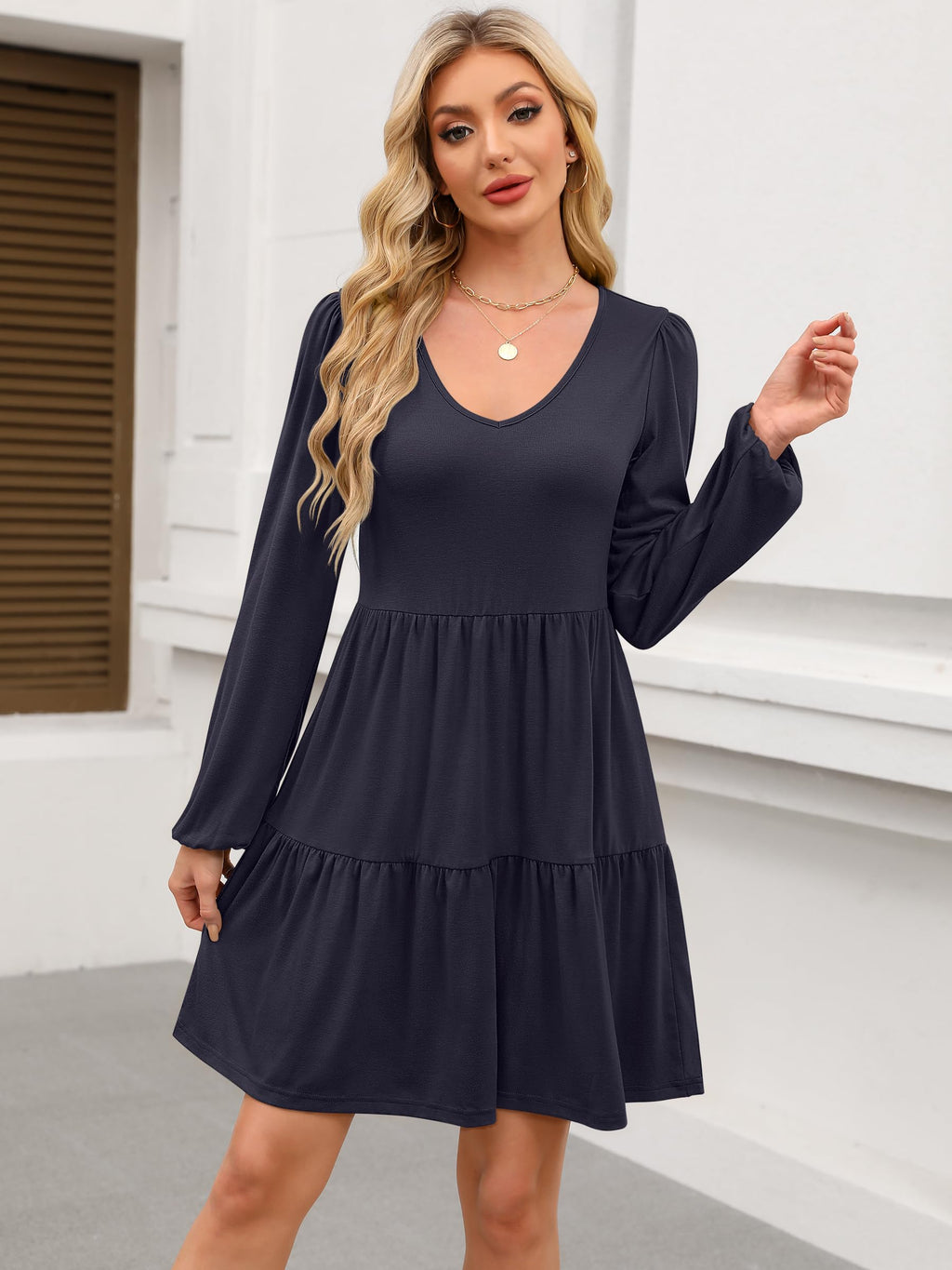 ANRABESS Womens Long Sleeve Dress 2025 Fall Casual V Neck Tiered Flowy Short Dresses Beach Travel Vacation Outfits Navy Blue Large