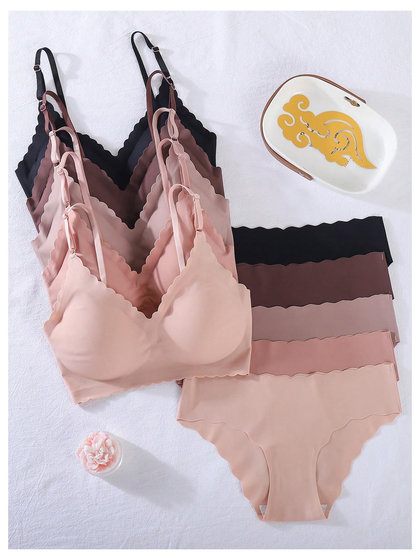 BEAUDRM Women's 5 Pack Seamless Lingerie Sets Scallop Trim Wireless Bralettes No Show Bra and Panty Sets Matching Underwear Multicolor Medium