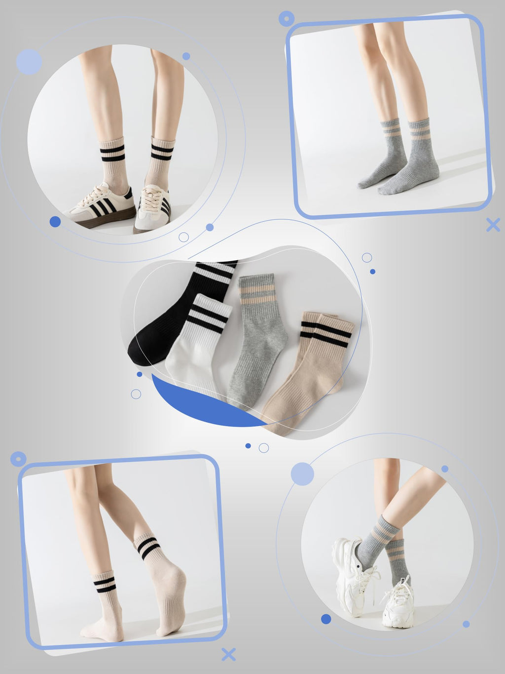 YUWELL Womens Striped Crew Socks, Cotton Cozy Casual Socks for Women 4 Pairs, Size 5-10,Mixcolor