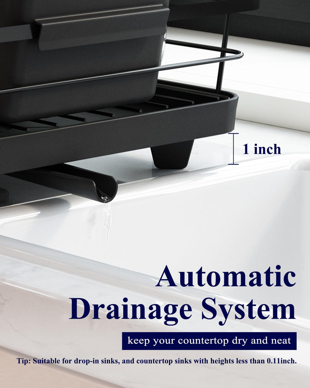 Kitsure Dish Drying Rack for Kitchen Counter, Stainless Steel Sink Organization and Storage Essentials with Cutlery Holder, Home and Appartment Decor, 12''W x 15.5''L, Black