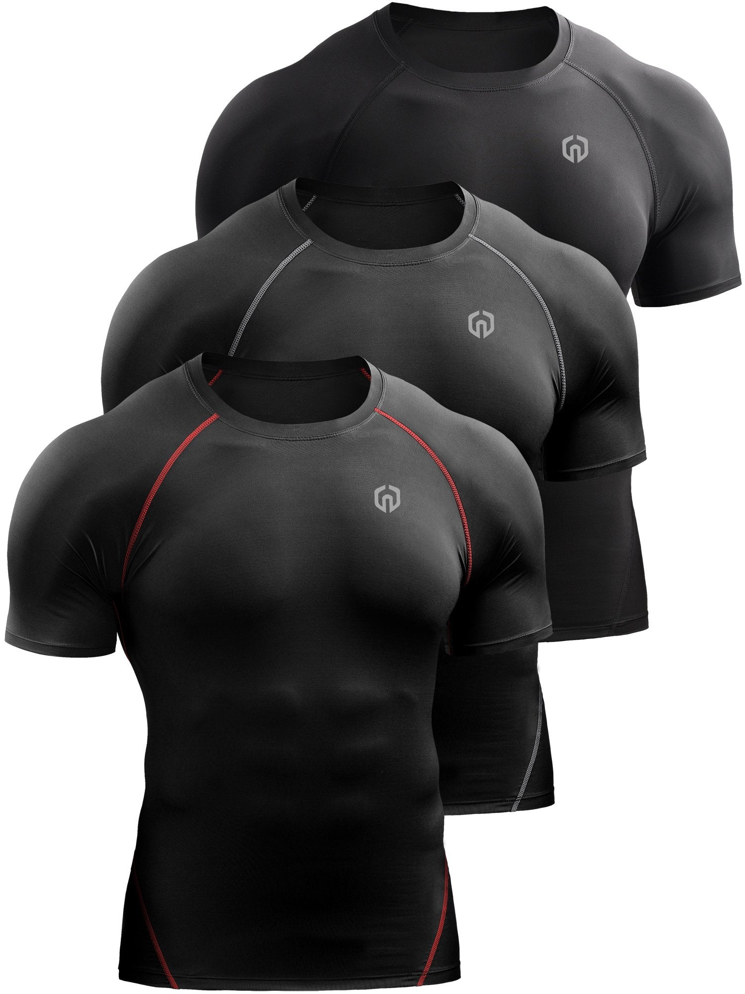 NELEUS Men's 3 Pack Compression Baselayer Athletic Workout T Shirts,5022,Black,Black(Grey),Black(red),XL,EU 2XL