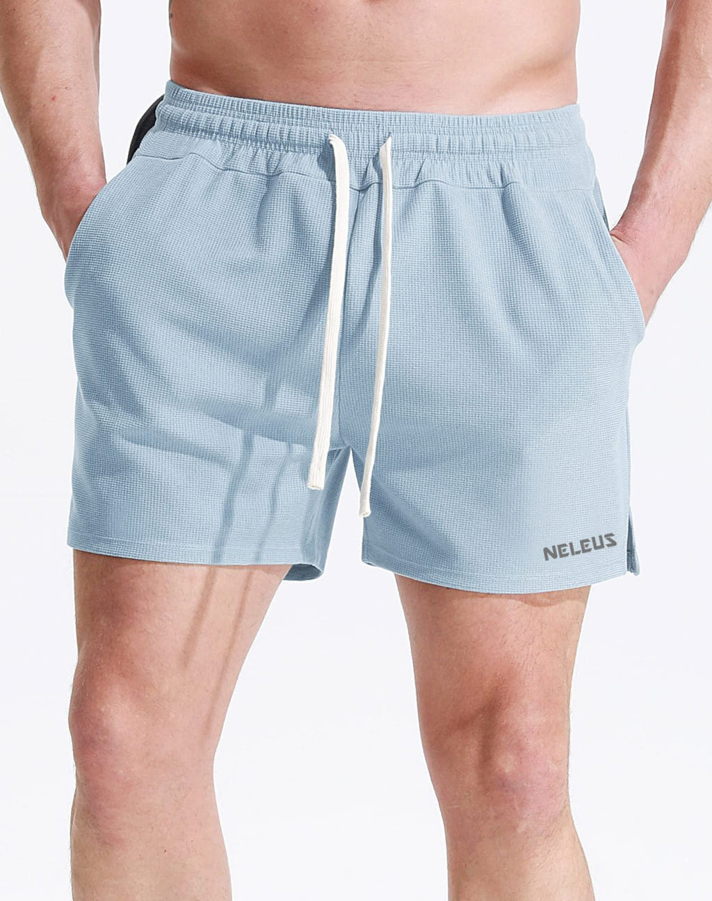 NELEUS Men's 3 Pack Running Shorts with Pockets,3D Honeycomb Thick Fabric,6112, Black/Light Grey/Light Blue,XL