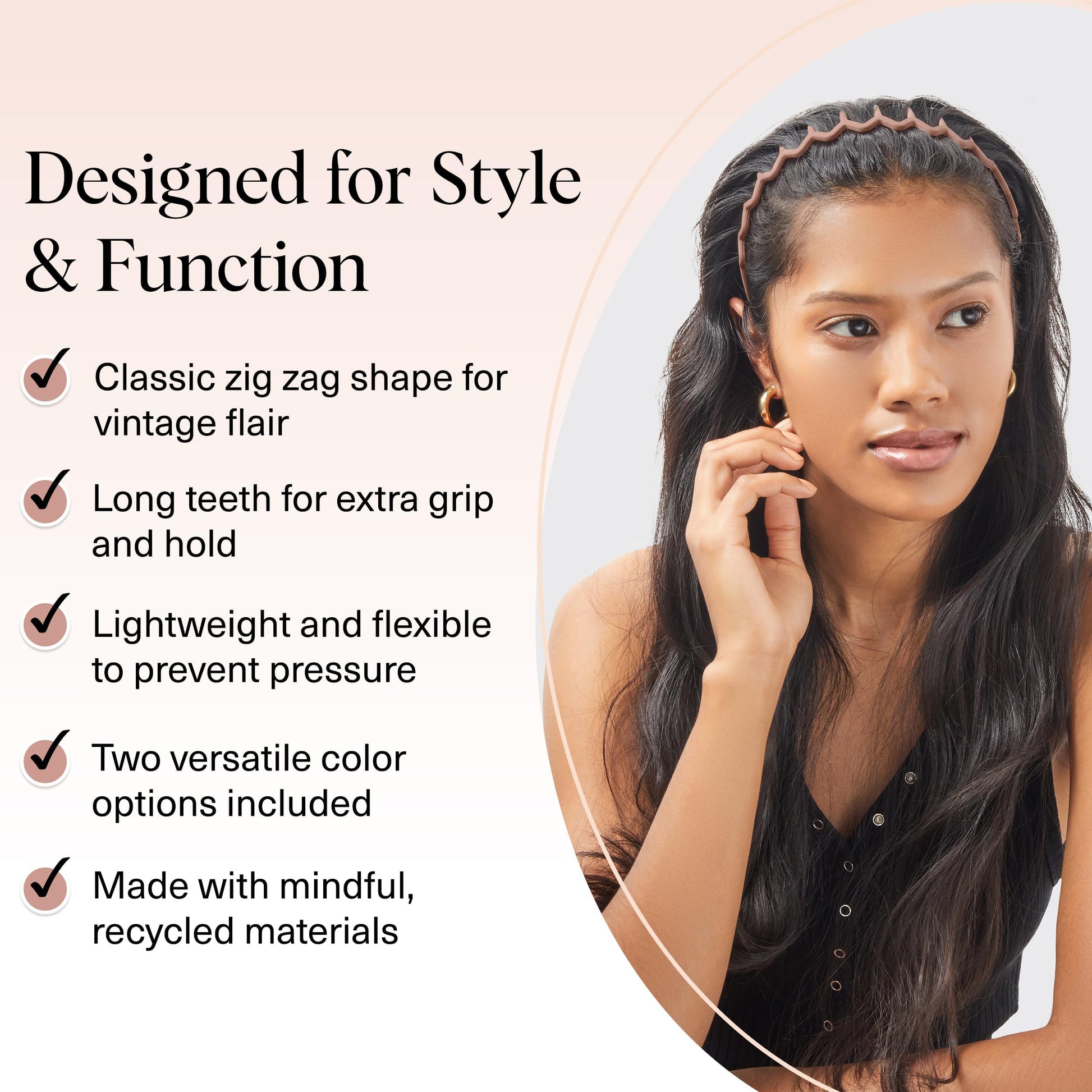 Kitsch Zig Zag Headbands, Recycled Plastic Wavy Hair Band with Teeth, Comb Headbands for Women and Men, Classic 90s Hair Accessories, 2pcs (Neutral)