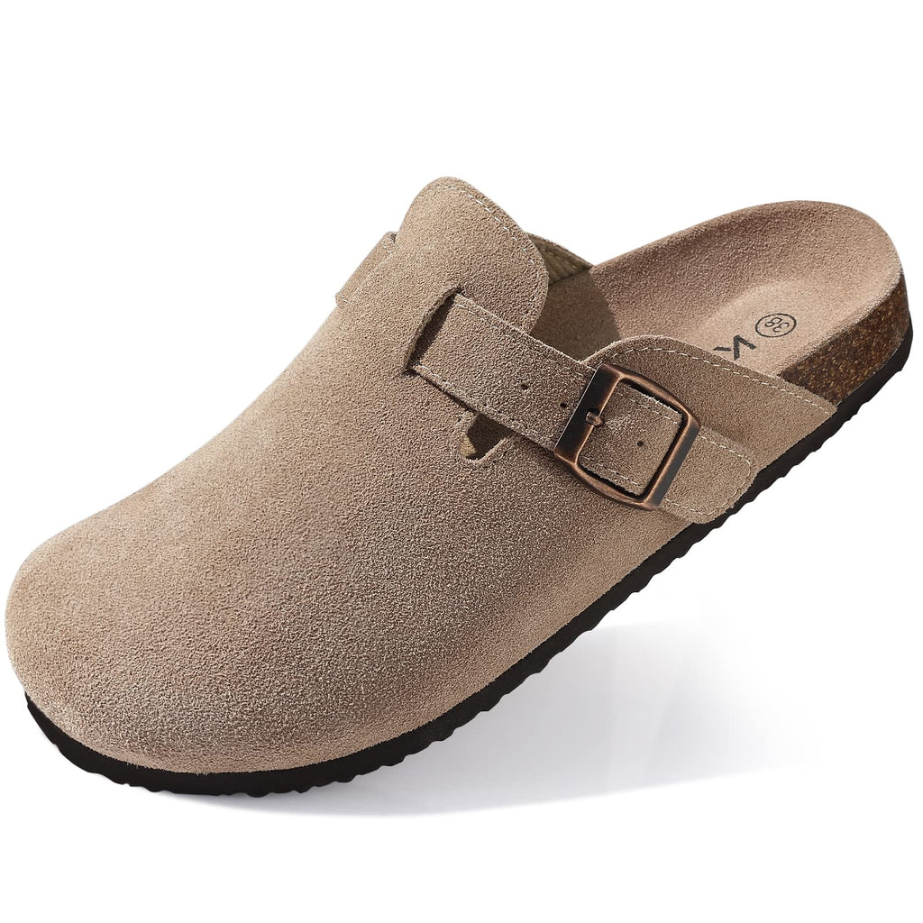 KIDMI Women's Genuine Suede Clogs Cork Footbed Sandals Leather Mules Potato Shoes with Arch Support Taupe 36 (Size 5.5-6)