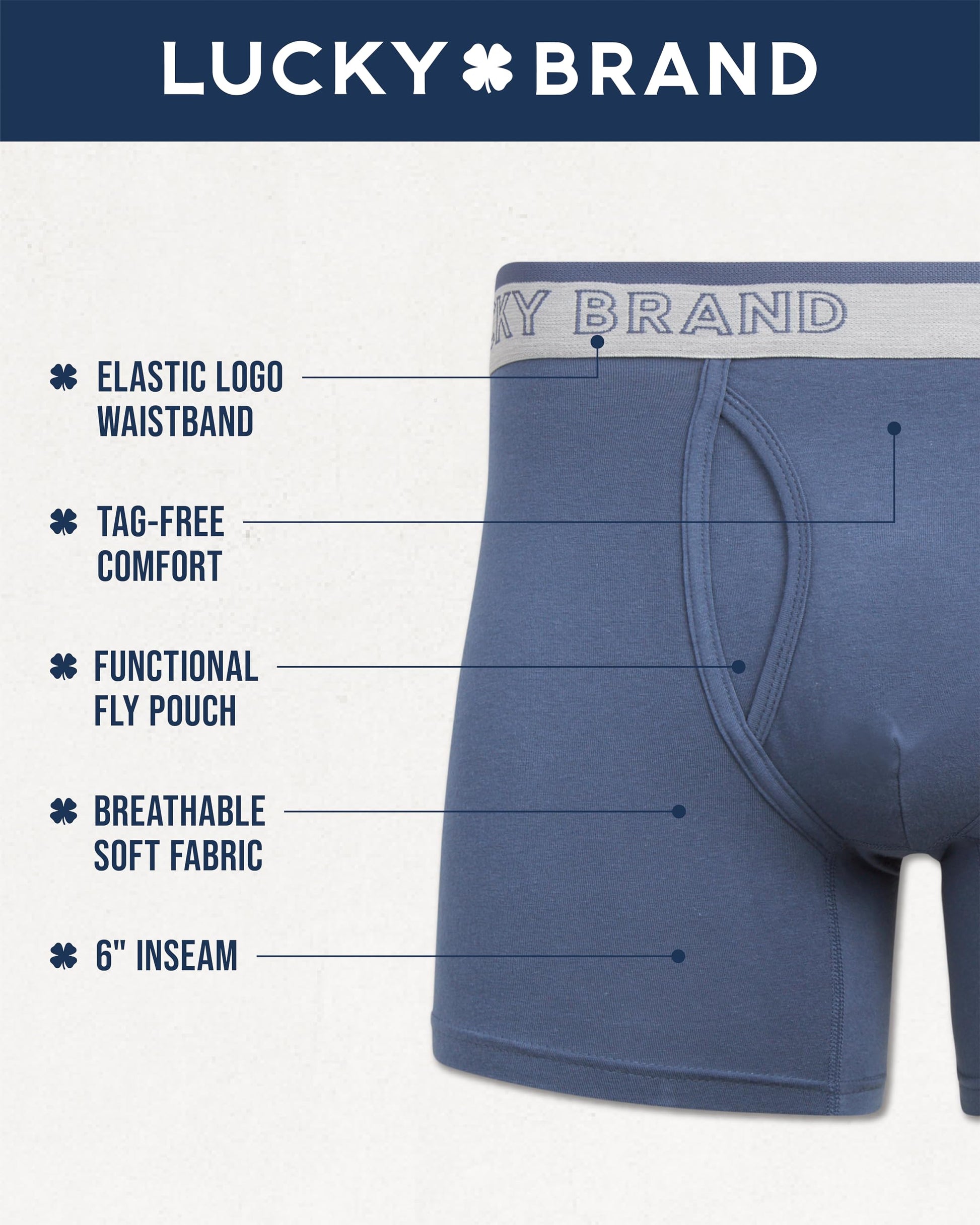 Lucky Brand Mens Boxer Briefs - 6 Pack Soft Stretch Mens Underwear with Functional Fly Pouch Boxers for Men (Sizes: S-2XL), Size Large, Indigo/Light Green/Charcoal Grey