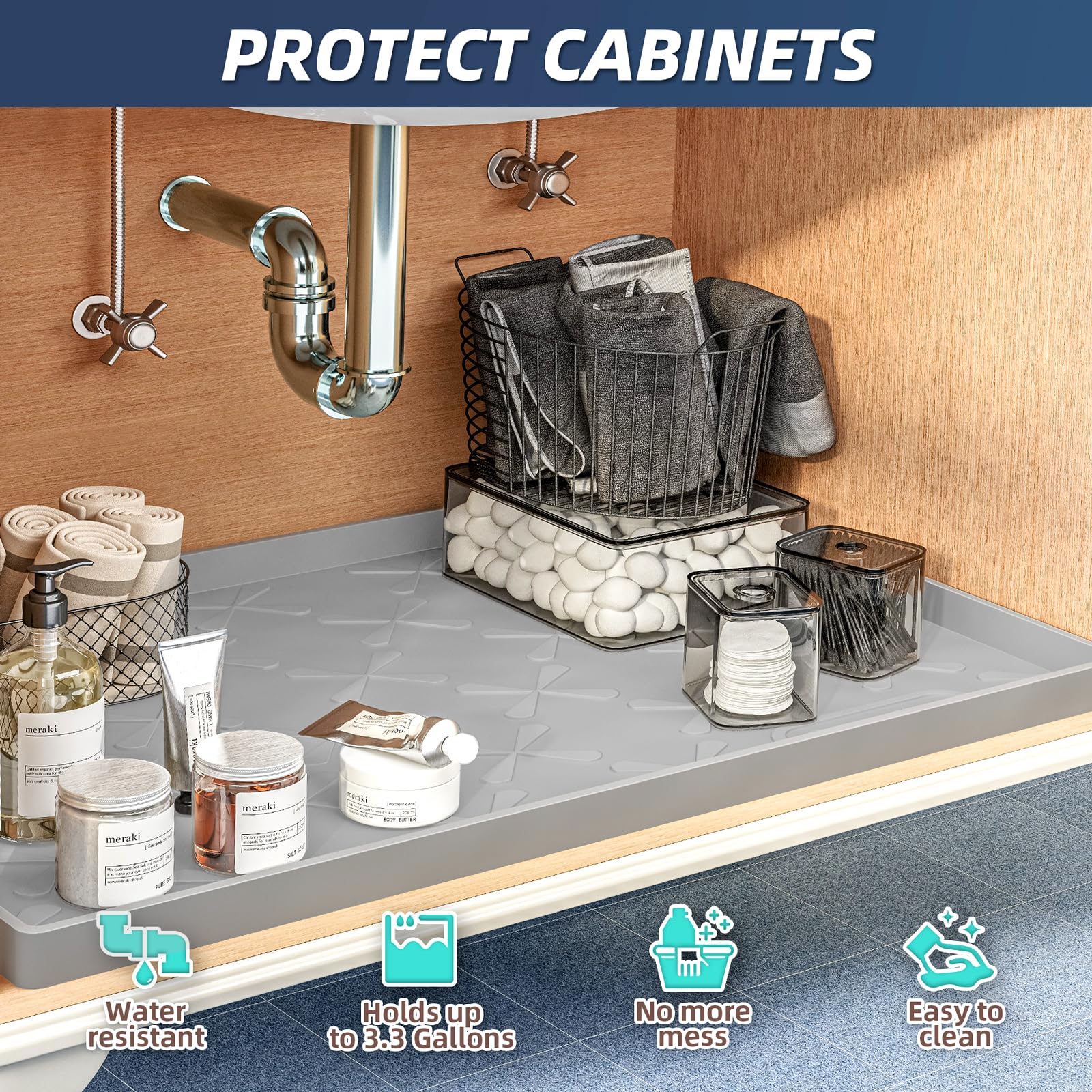 SIKADEER 34" x 22" Under Sink Mat Waterproof, Silicone Mat Kitchen Drawer Shelf and Cabinet Liner, Sink Protector for Kitchen Organizers and Storage, Boot Tray Pet Food Mats