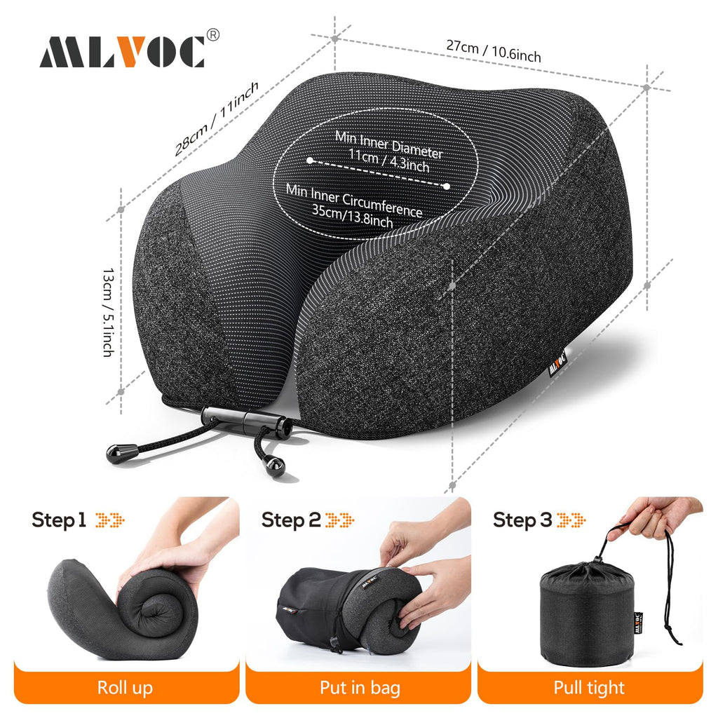 MLVOC Travel Pillow 100% Pure Memory Foam Neck Pillow, Comfortable & Breathable Cover, Machine Washable, Airplane Travel Kit with 3D Contoured Eye Masks, Earplugs, and Luxury Bag, Standard (Black)