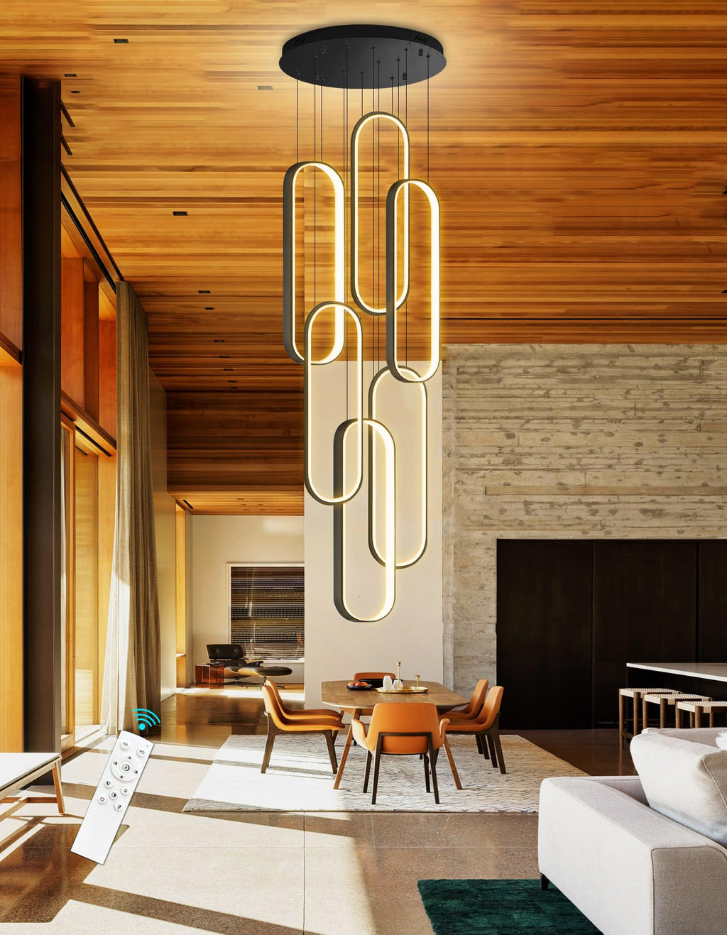 dolria 6 Rings Modern Chandelier LED Dimmable Flush Mount Ceiling Light for Foyer Living Room Staircaes Black