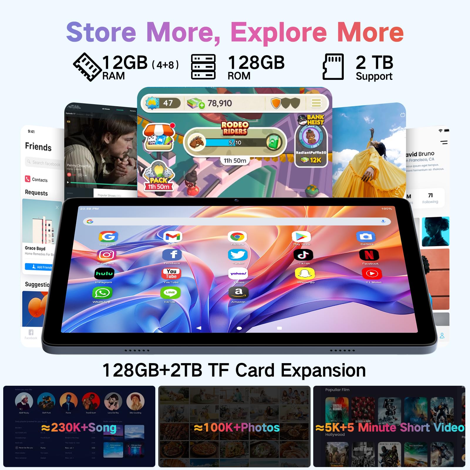 Winsing Tablet, Android 15 Tablets 10 inch with 12GB RAM+128GB Storage+2TB TF Card Expand, Octa-Core, 1280*800 HD Touch Screen Computer Tablet, 8-10H Long-lasting Battery Life,Wi-Fi & BT 5.0,Gray Blue