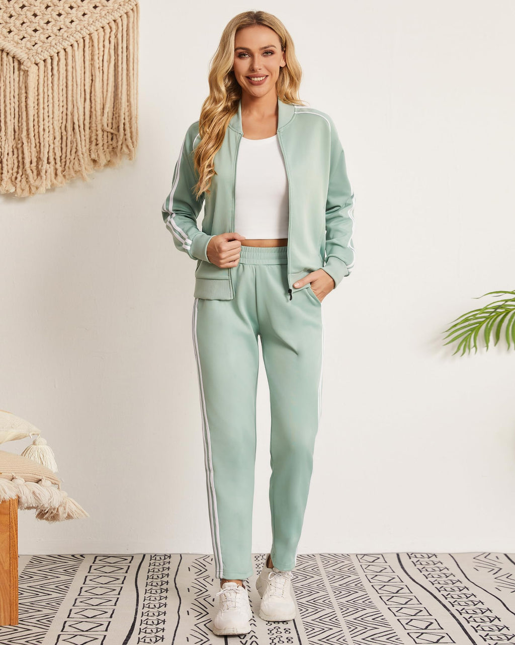 Women's Tracksuit 2 Piece Outfits Zip Striped Sportswear Long Sleeve Jogger Suits for Women with Pockets JW7011-L