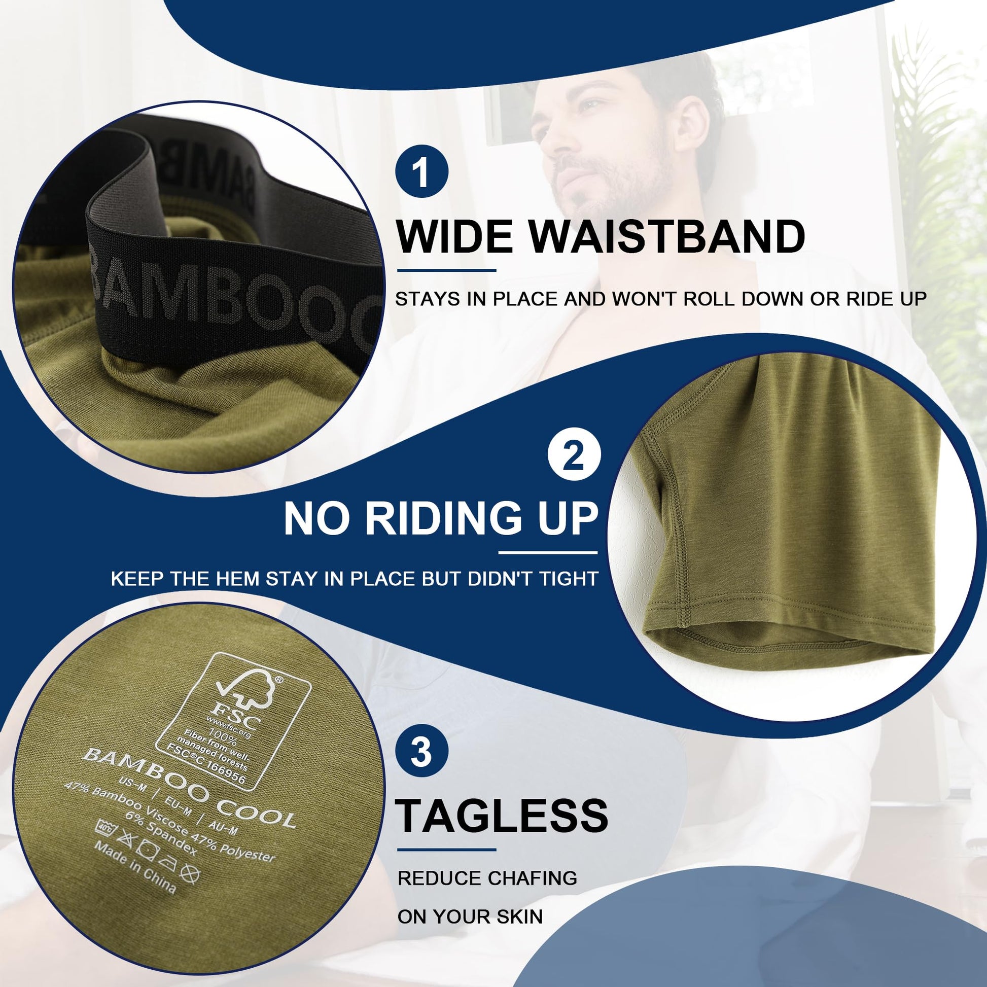 BAMBOO COOL Men's Underwear Breathable Boxer Briefs with Fly Moisture-Wicking Lightweight Underwear