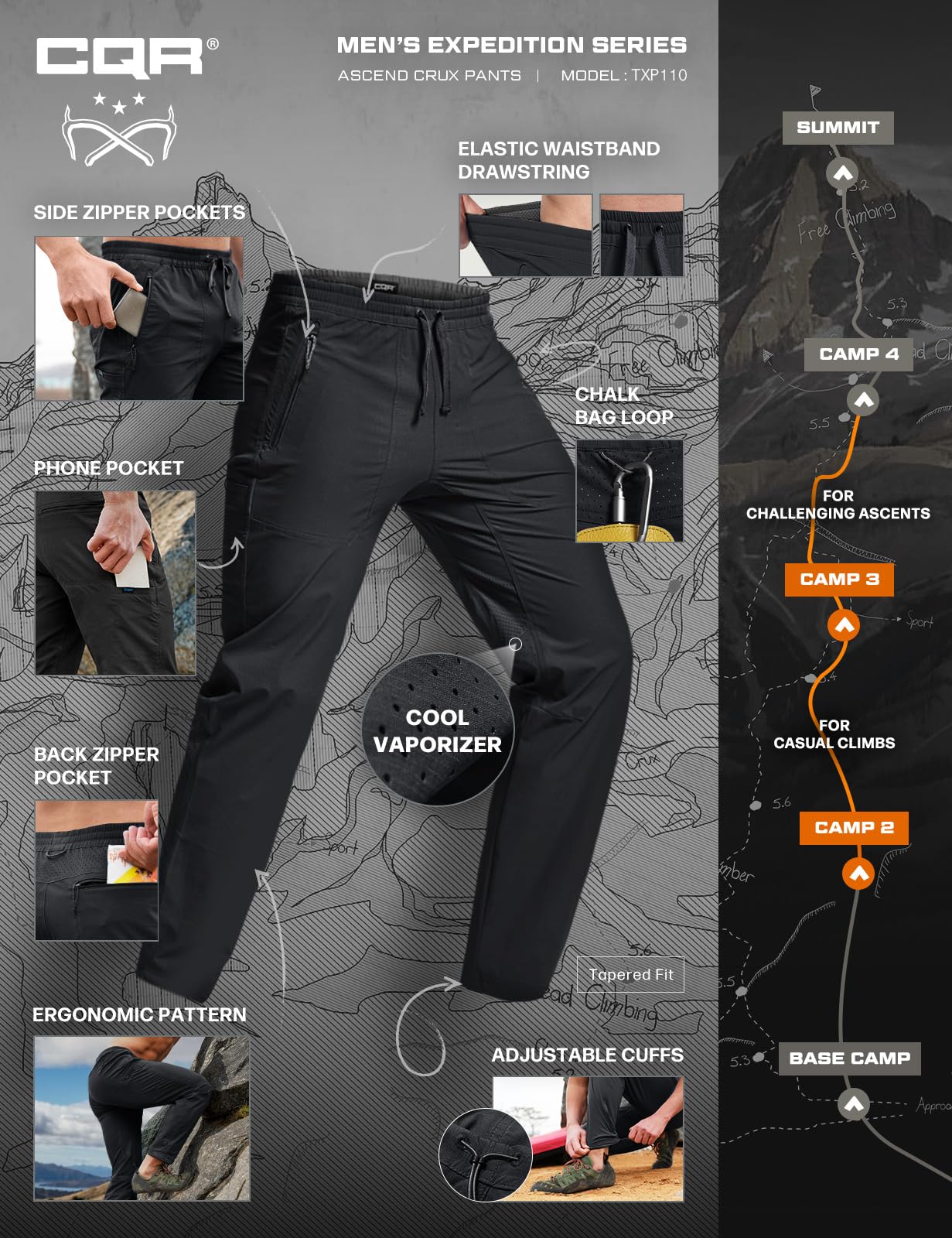 CQR Men's Lightweight Vent Hiking Pants, Water-Resistant & Breathable Sports Outdoor Athletic Pants with Elastic Waist, Ascend Crux Black, 36W x 32L