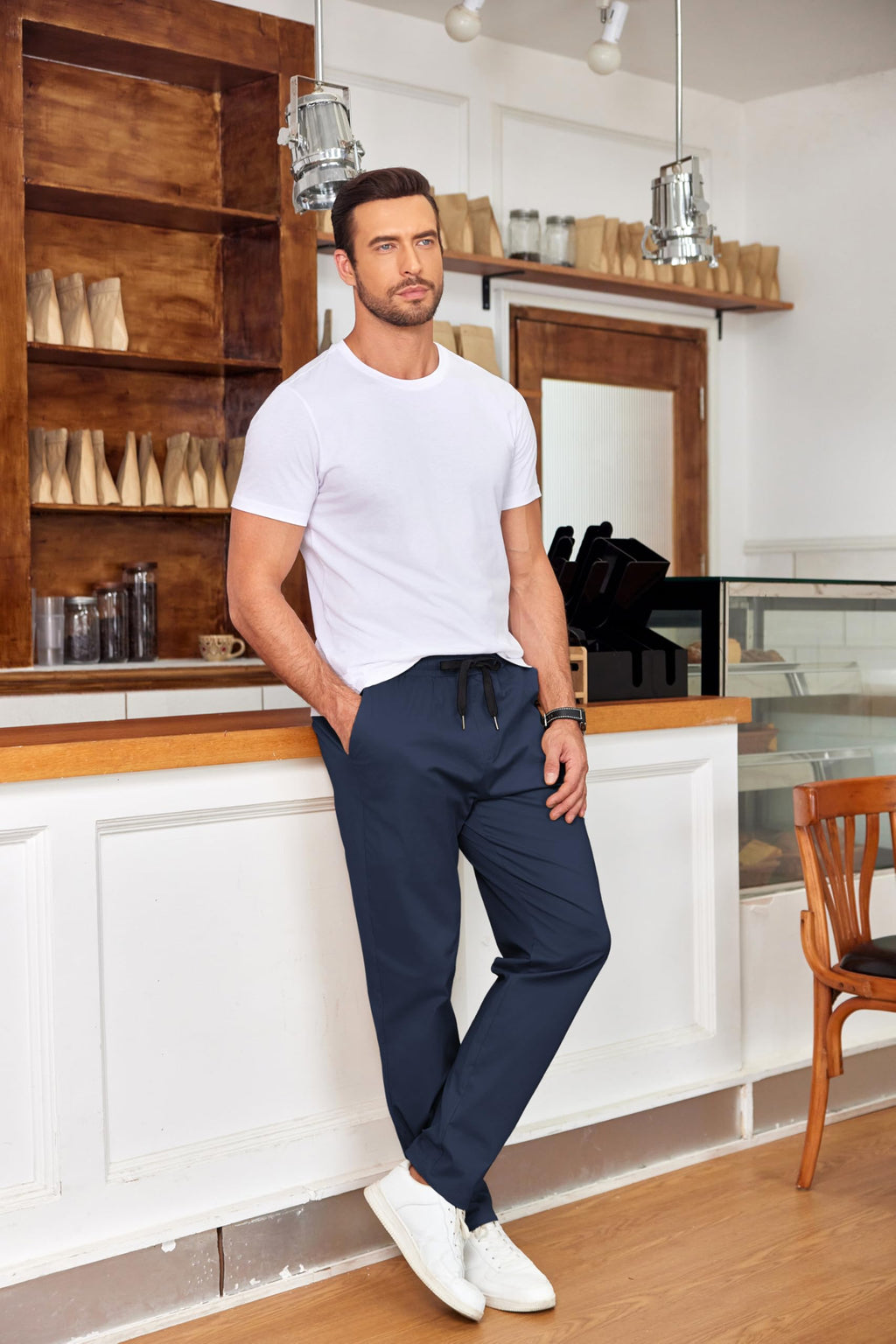 COOFANDY Mens Drawstring Cotton Pants Casual Pull On Leisure Pants Slim Fit Stretch Waist Band Slacks Spring 33x29 32x29 Navy Dark Blue