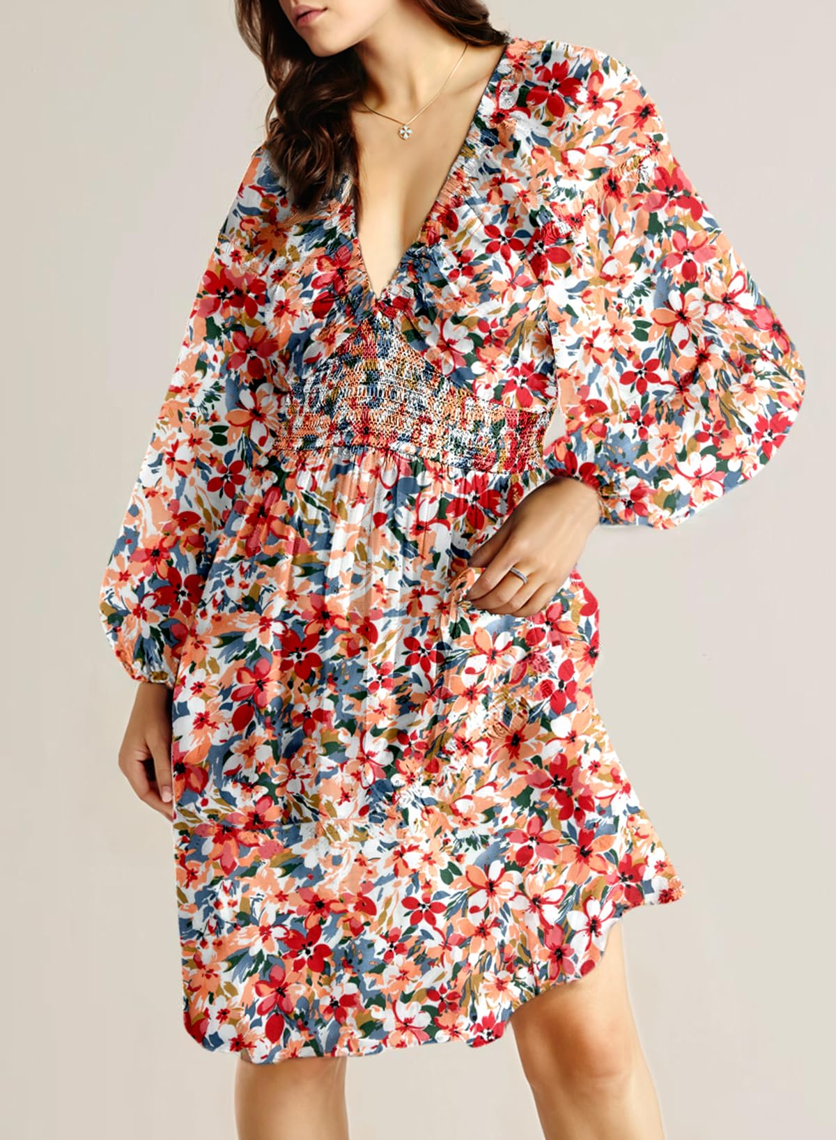 Dokotoo Fall Dresses for Women 2025 Casual Boho Floral V Neck Long Sleeve Smocked Waist A-Line Cute Swing Dress Country Concert Outfits Beach Vacation Clothes Flowy Sundresses Multicolored Large