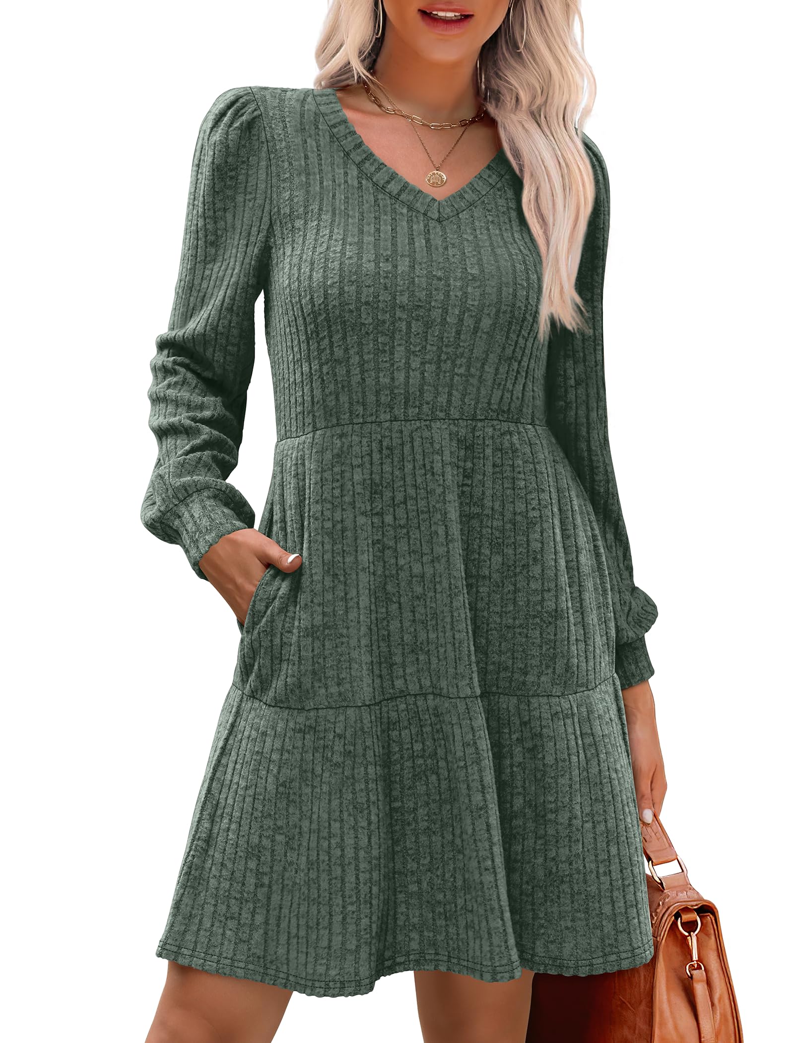 SAMPEEL Womens Dresses V Neck Casual Christmas Long Sleeve Winter Anthropologie Sweater Dress with Pockets 2025 Green M