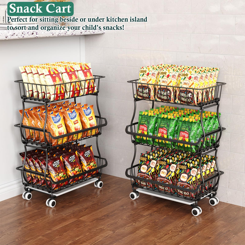OKZEST 3-Tier Rolling Pantry Floor Organizer and Storage Cart with Wheels, Stackable Wire Pantry Baskets for Pantry Shelves, Kitchen Fruit Basket Stand and Storage Rack for Fruit Snack Onion Potato