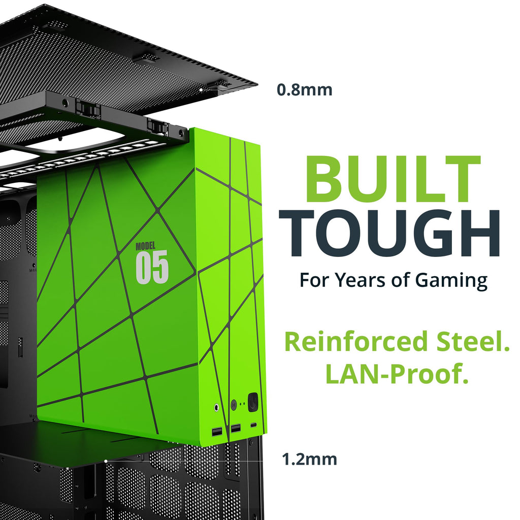 Geometric Future M5 Tempered Glass Mid Tower, E-ATX/ATX Gaming Case, 1.2mm Steel, Type C, Toolless Panels, Support 420/360 Radiator, ARGB PWM 140m Fan x 5 Pre-Installed, Black/Green, GEO-M5F-BNY